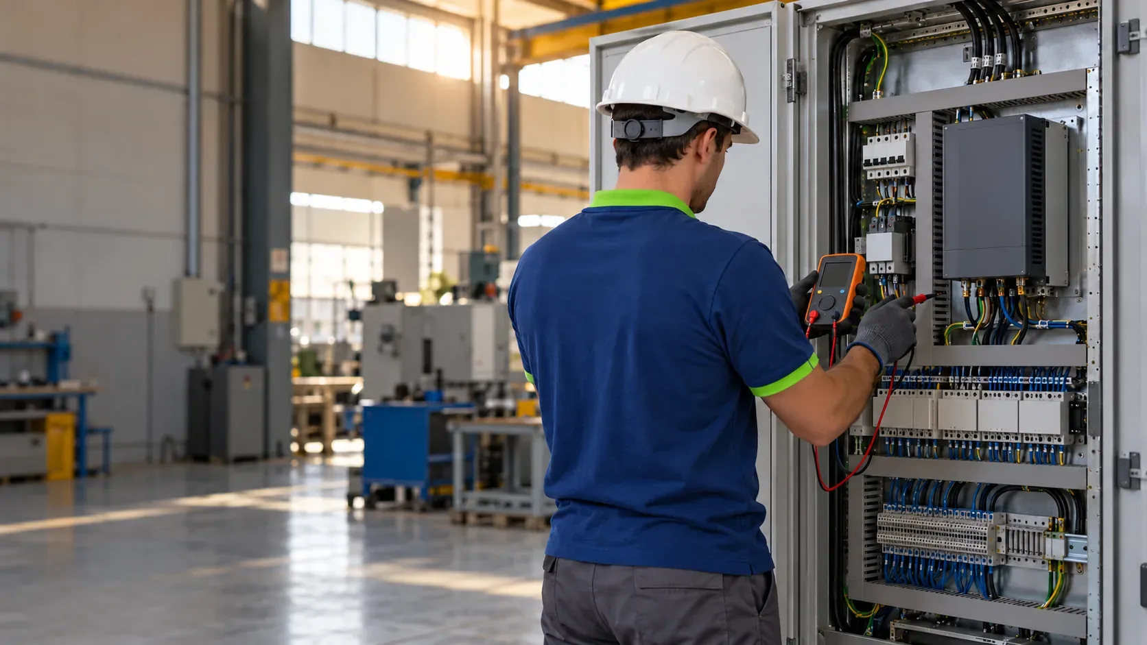 Electricista conectando una máquina trifásica en una nave de un polígono industrial de Sevilla