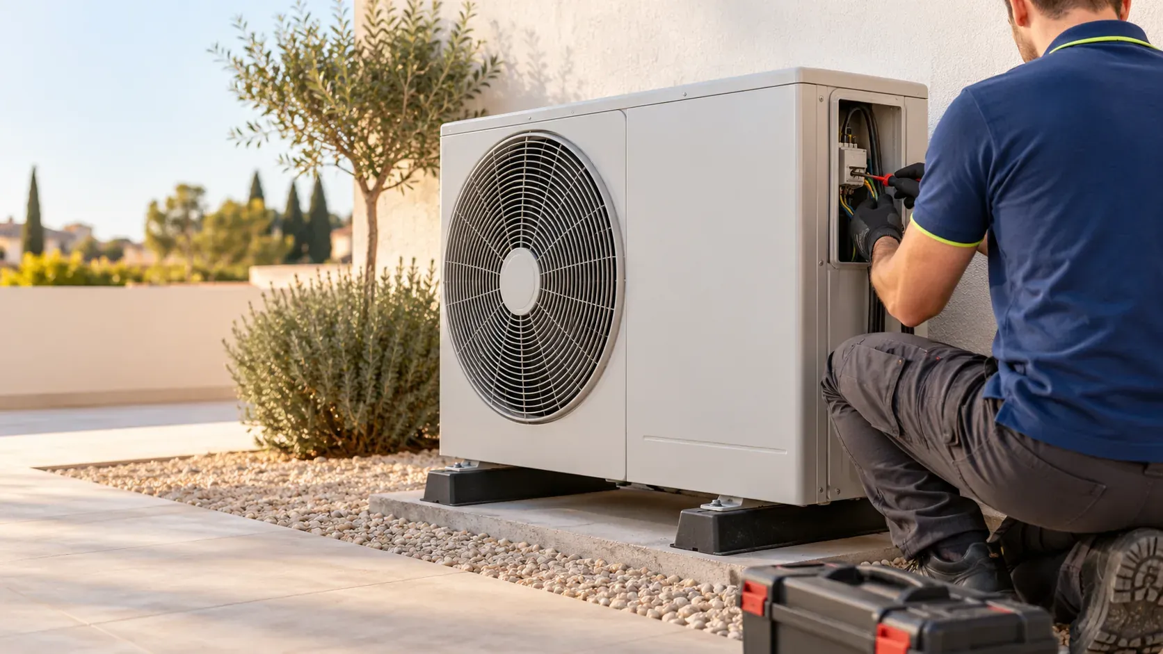 Electrician connecting the dedicated line of an aerothermal outdoor unit on the facade of a villa