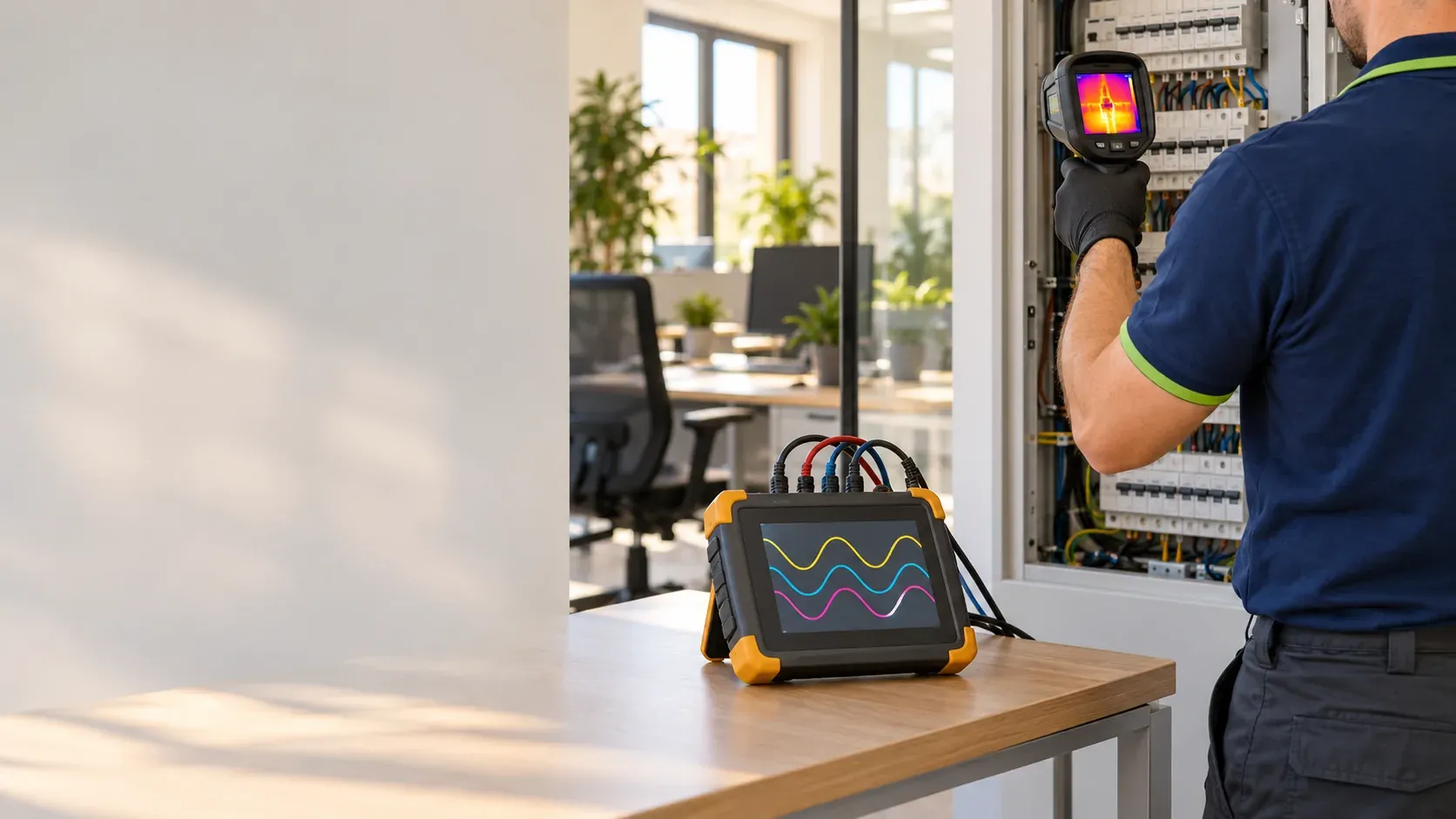 Technician with a thermal imaging camera and a power analyser checking the installation of an office