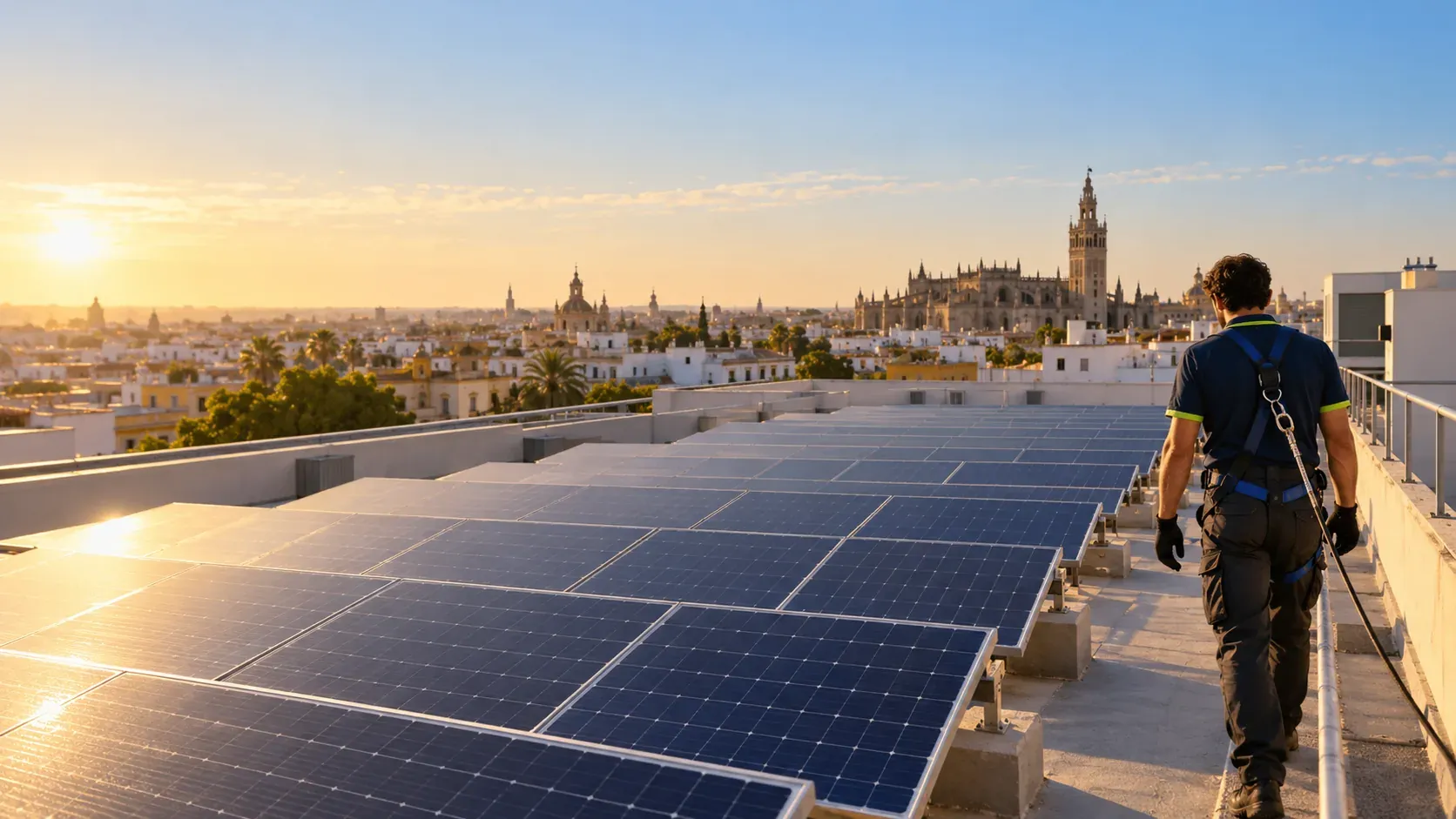 Roof of an apartment block with a large solar panel installation and the technician supervising, with the city in the background