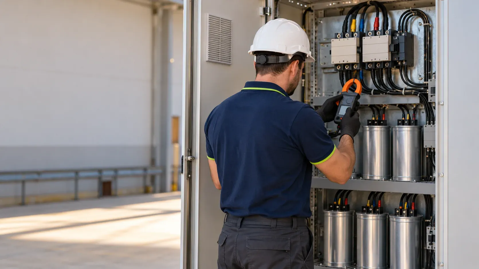 Open capacitor bank cabinet in a warehouse while the technician takes measurements