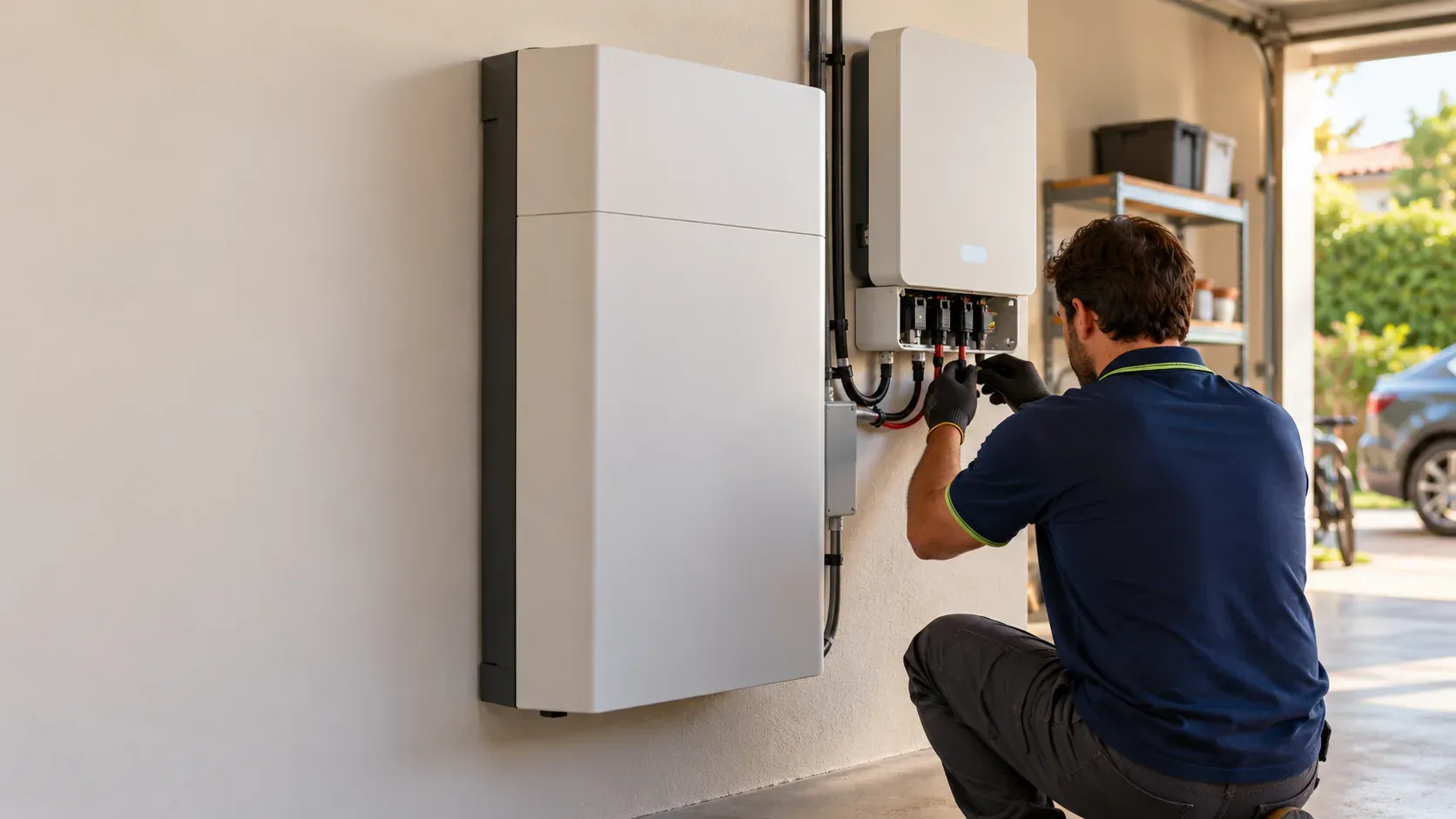 Wall-mounted home battery installed in a garage next to the solar inverter while the technician checks the connections