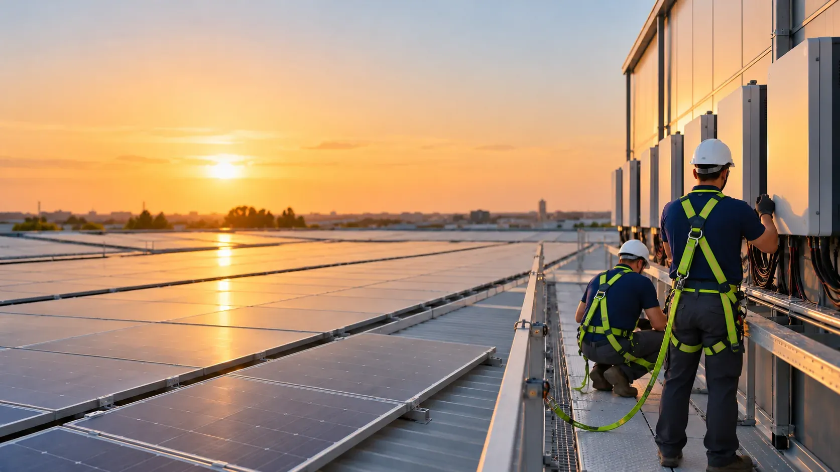 Industrial warehouse roof covered with solar panels, two technicians and the row of inverters on the wall