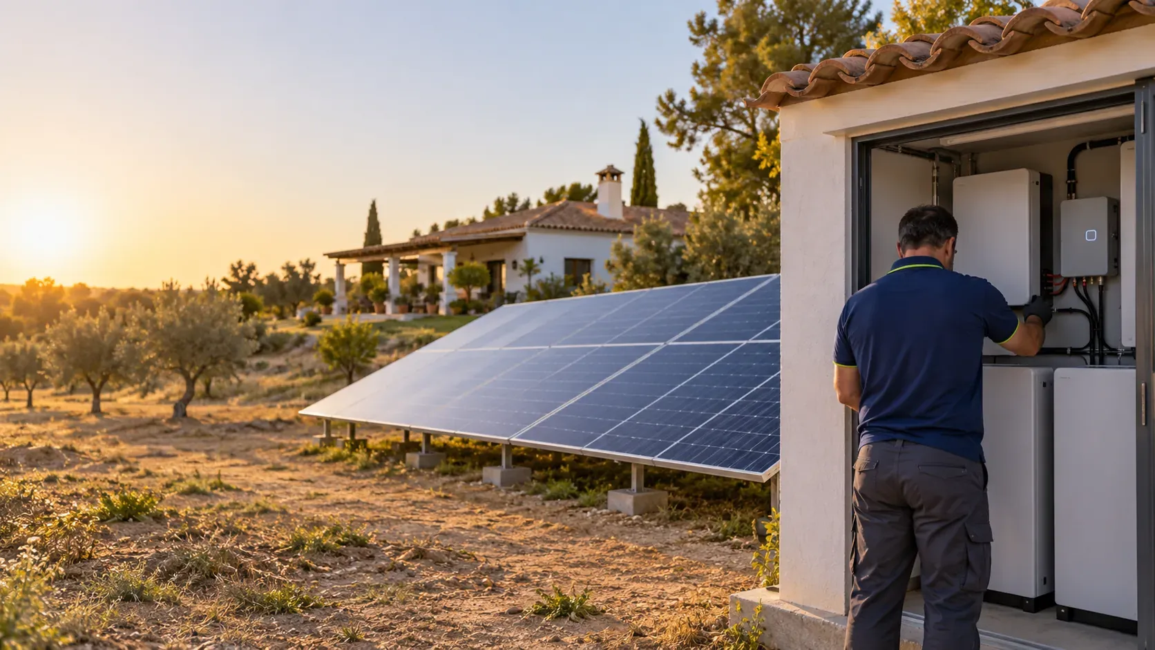 Casa de campo con paneles solares sobre estructura en el suelo y una caseta con baterías donde el técnico hace las conexiones