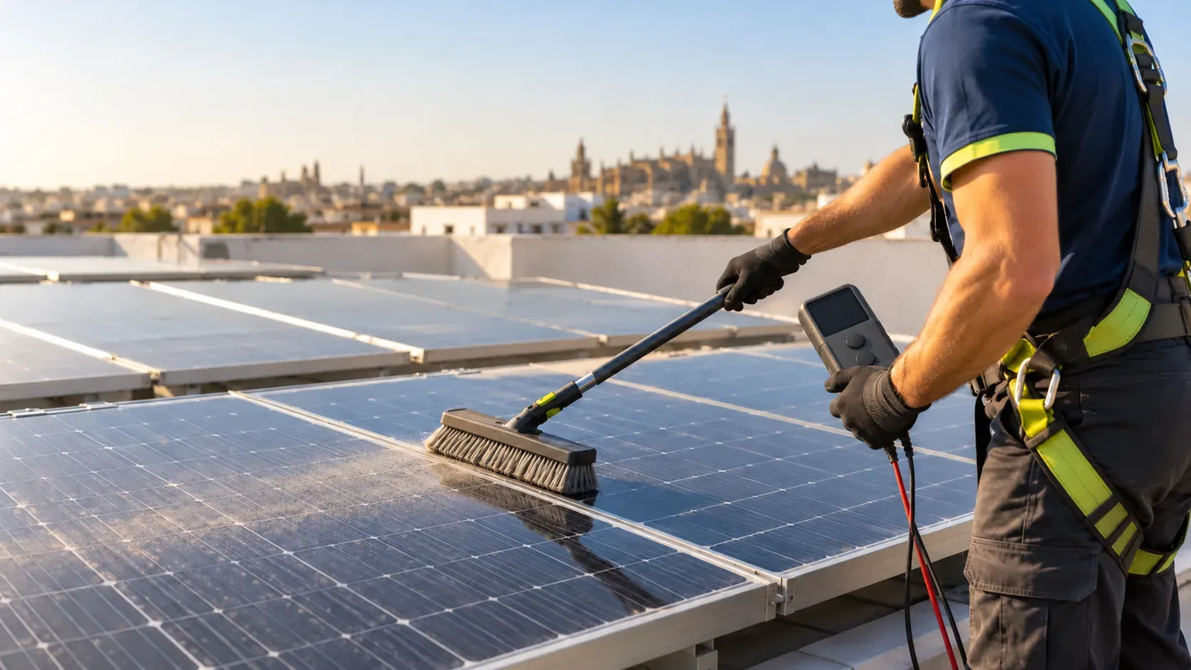 Técnico limpiando y revisando paneles solares en una cubierta con un medidor de cadena
