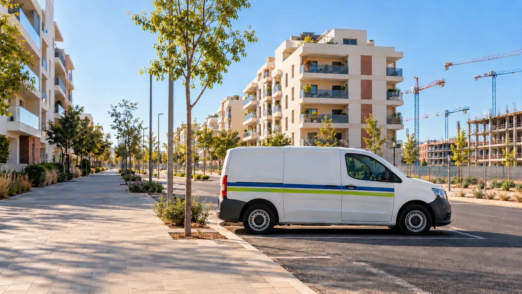 Avenida de Entrenúcleos con bloques residenciales nuevos y grúas