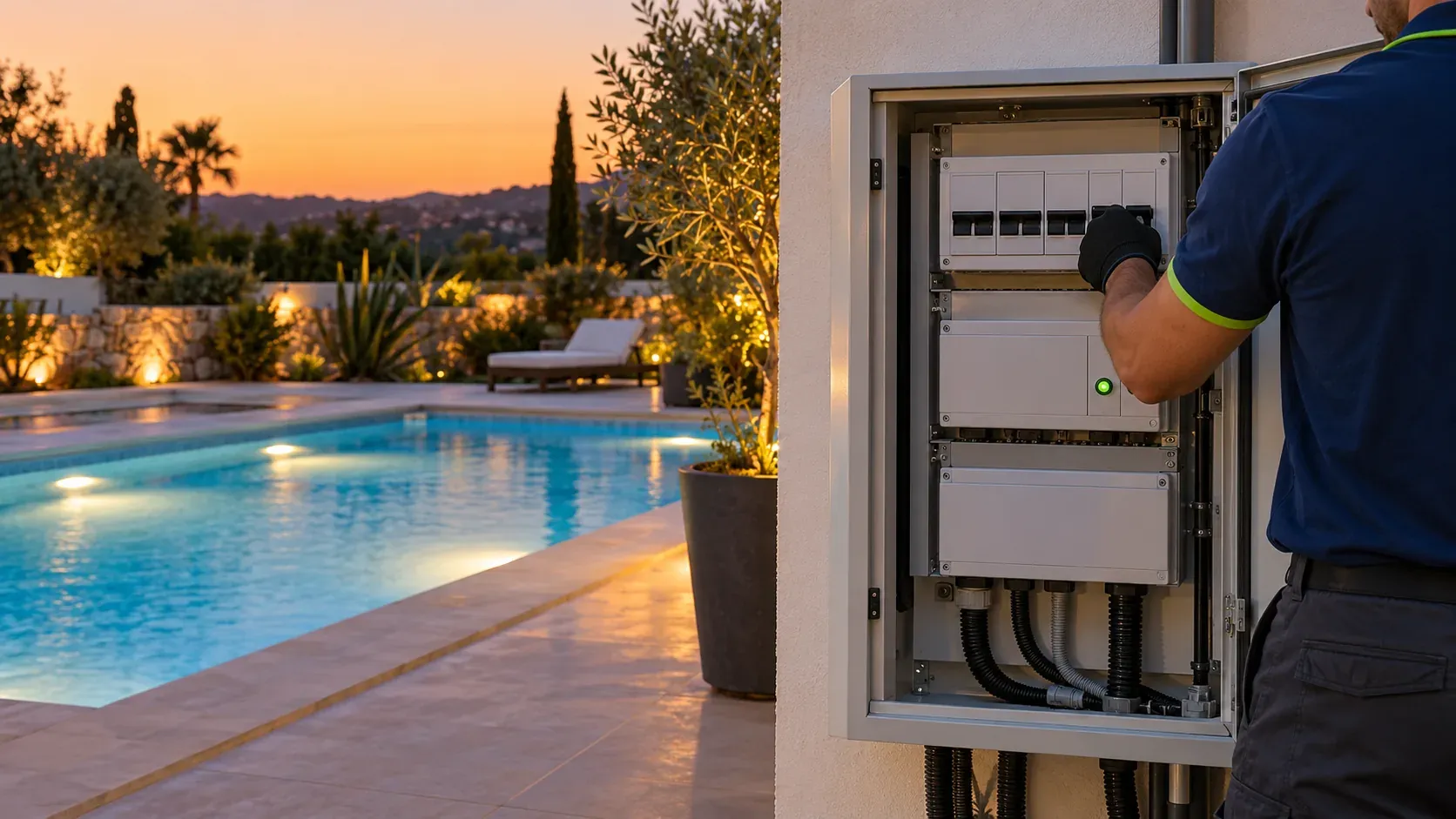 Cuadro eléctrico de la depuradora de una piscina privada abierto con los focos sumergidos encendidos al atardecer