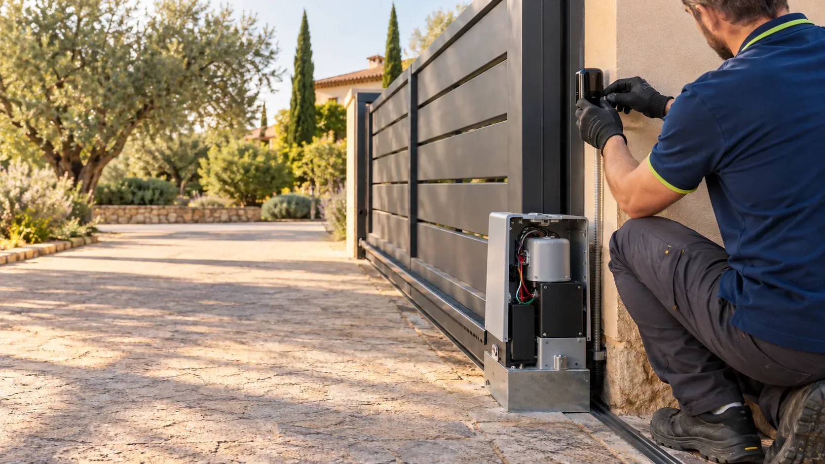 Sliding driveway gate with its motor cover open while the technician adjusts the photocells