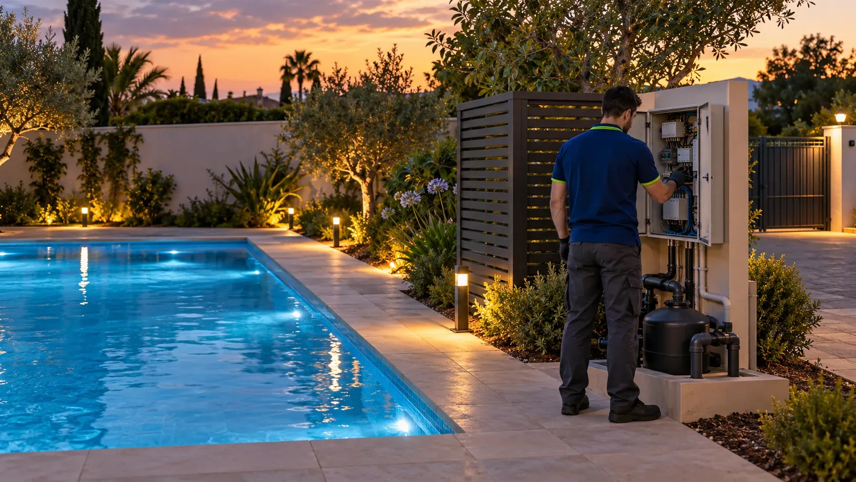 Garden of a villa in the Aljarafe, Seville, Spain, with a lit pool, path lights and an automatic gate