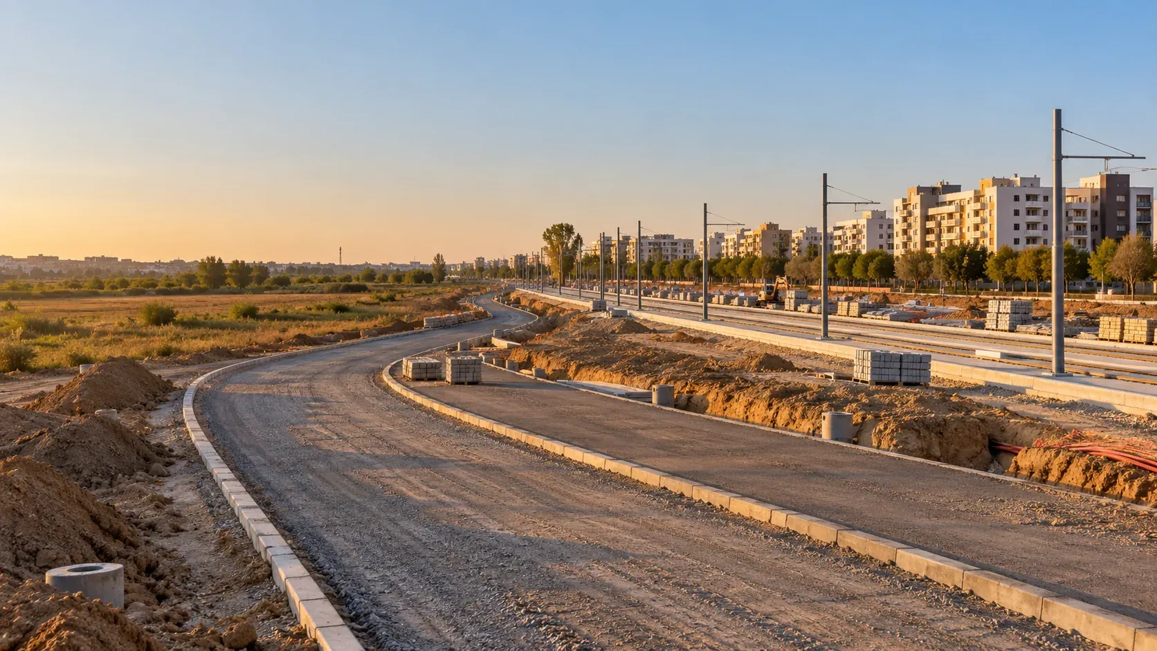 Campo entre Pino Montano y la ronda con viales en obra y el trazado del metro al fondo