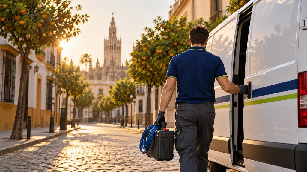 Electricista de Pulso Eléctrico revisando un cuadro eléctrico en una vivienda de Sevilla