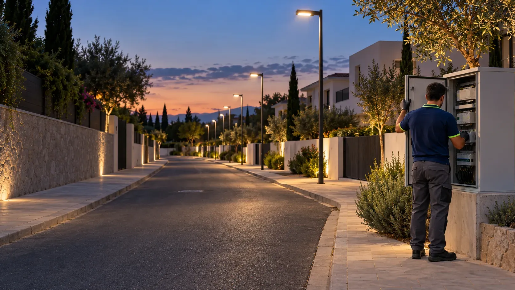 Farolas LED encendidas al anochecer en los viales de una urbanización con el técnico junto al cuadro de alumbrado