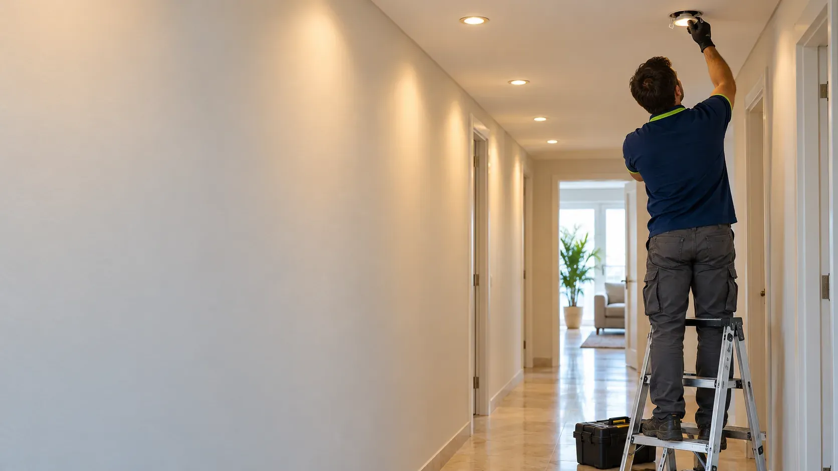 Plasterboard false ceiling with LED downlights switched on in a living room