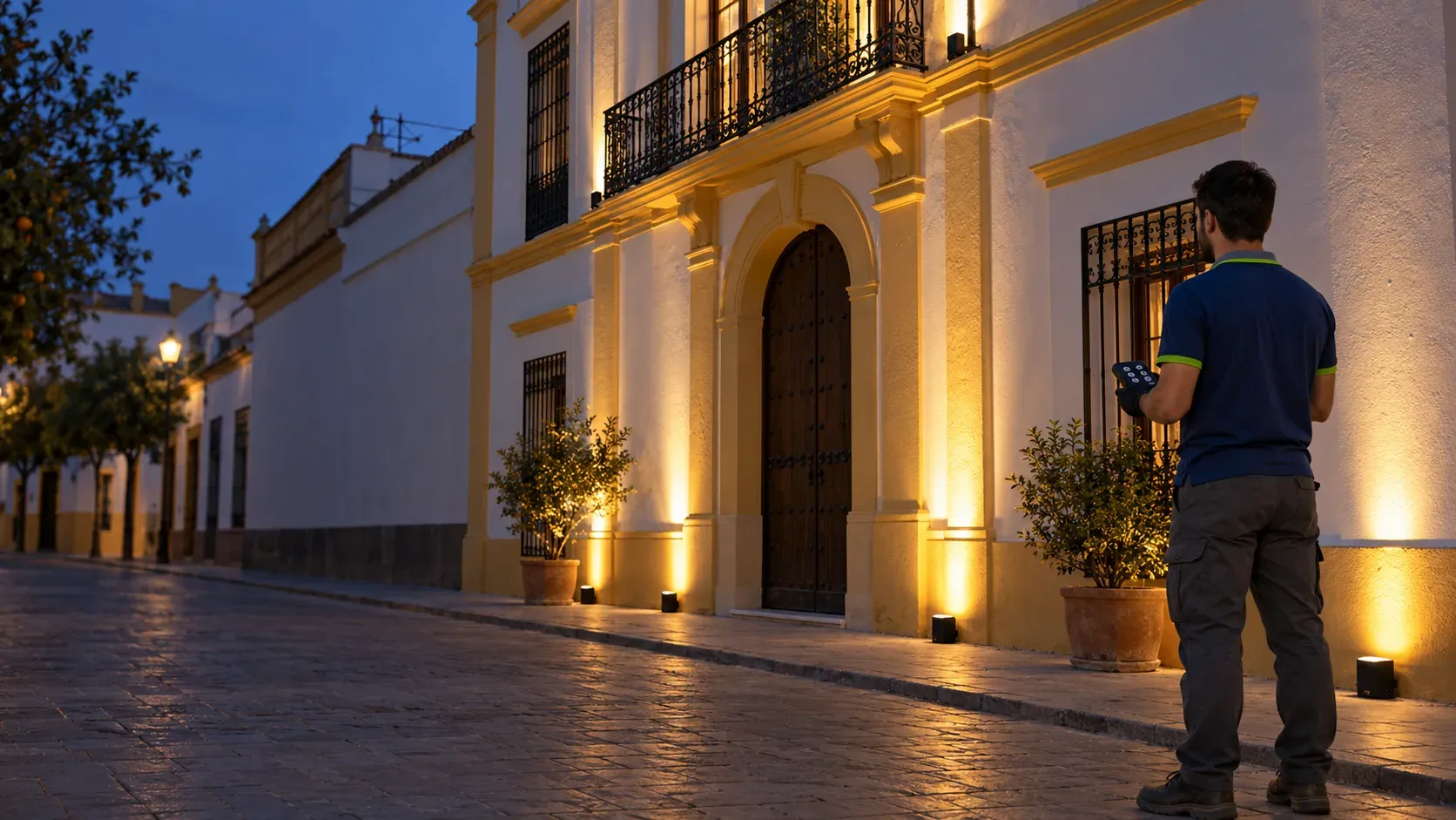 Facade of a stately Seville townhouse lit by grazing floodlights at dusk