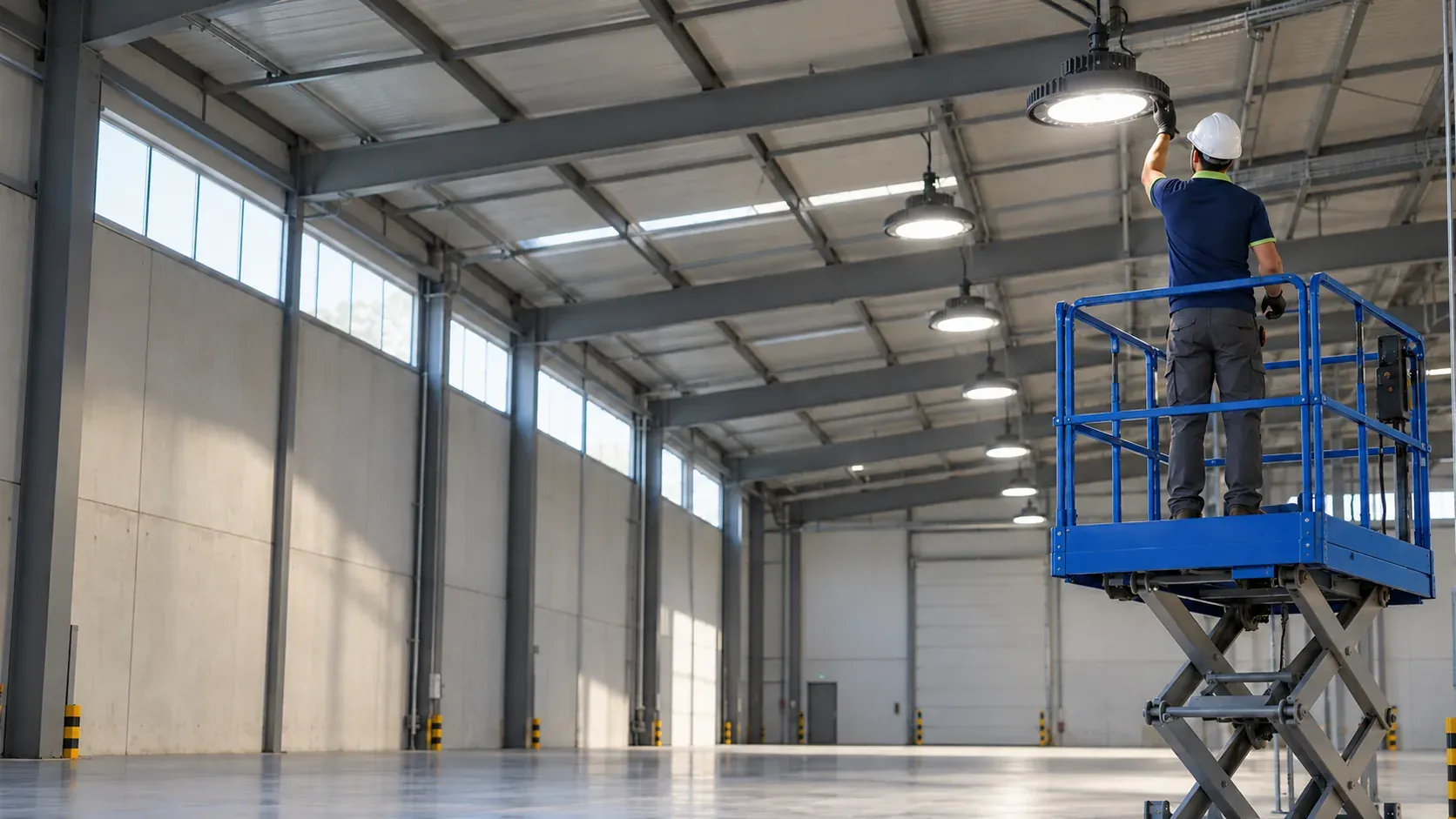 Nave industrial iluminada con campanas LED de alta bahía y el técnico trabajando en una plataforma elevadora