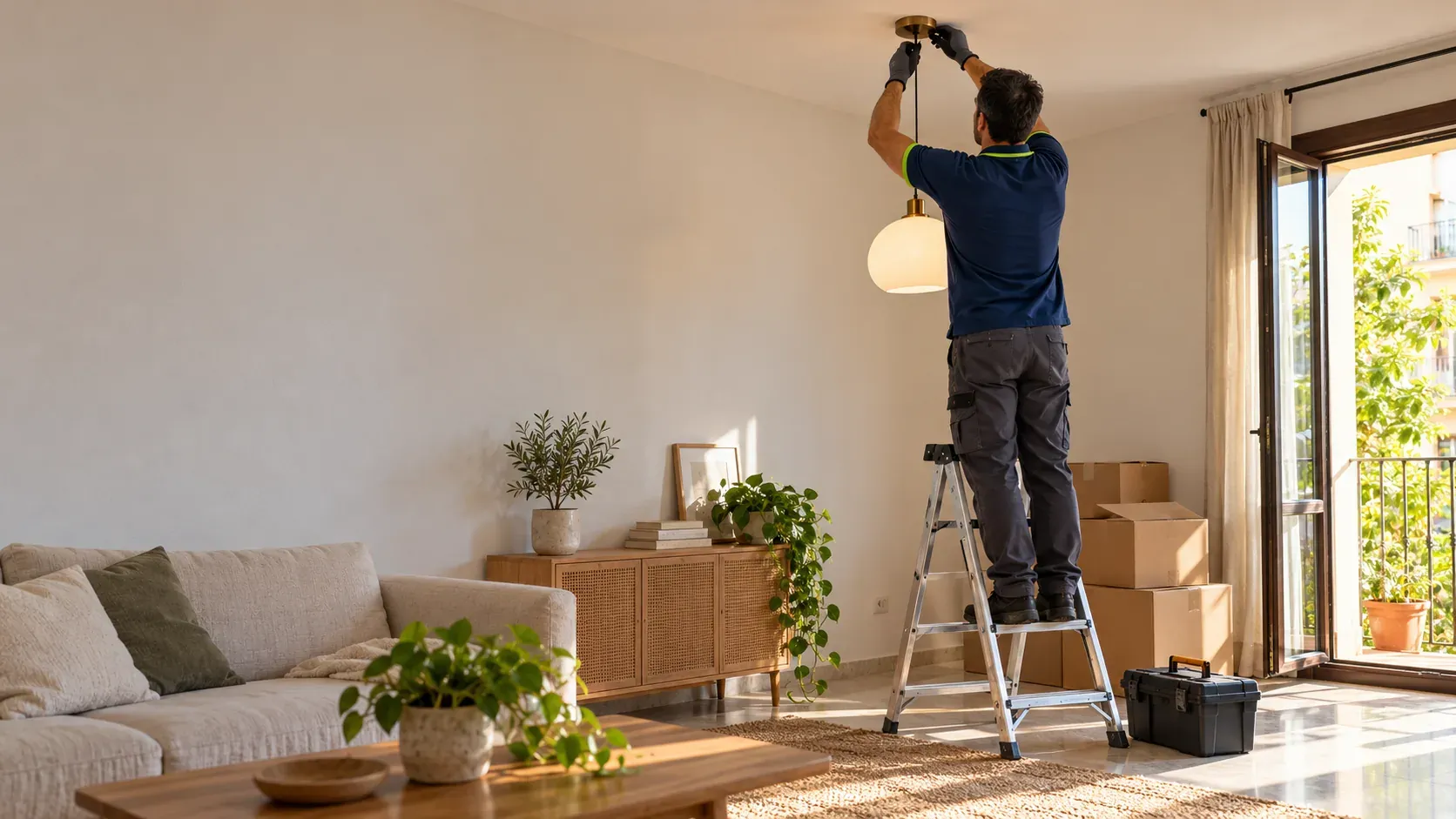 Electrician hanging a ceiling light in the living room of a newly handed-over home