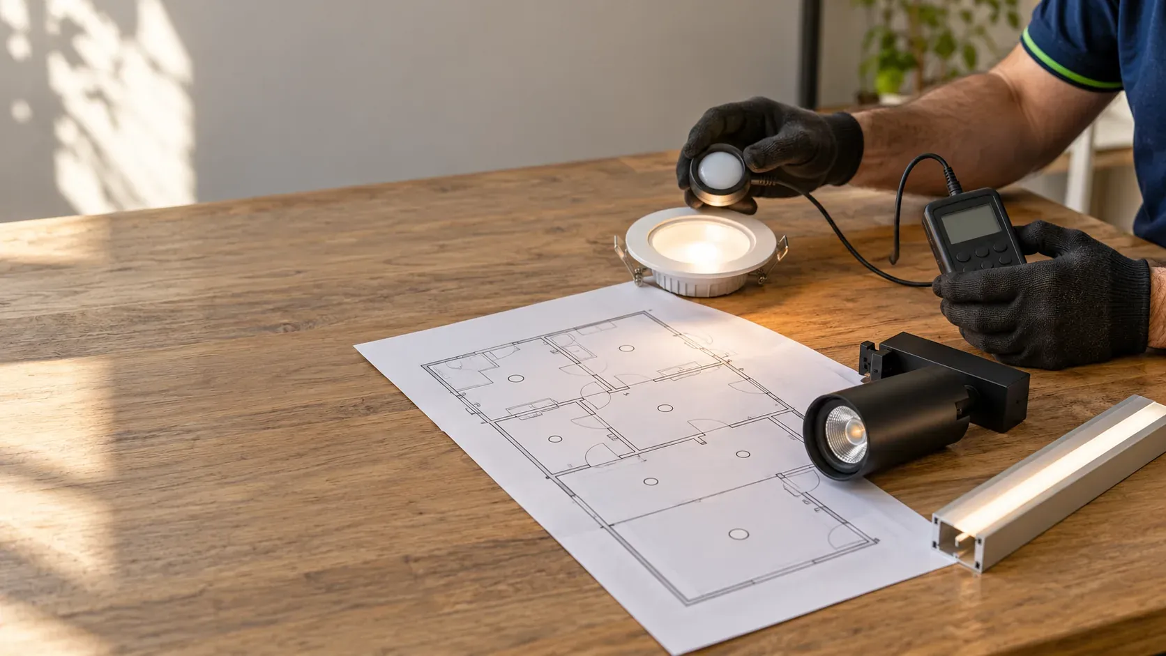 Table with a floor plan and sample light fittings while the technician takes readings with a lux meter