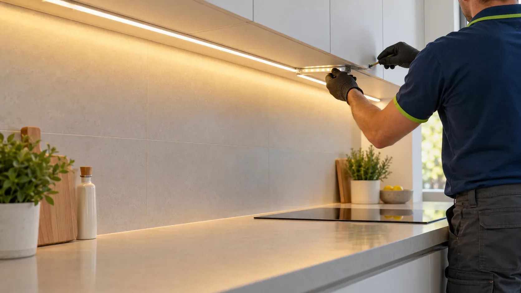 Tira LED con perfil de aluminio iluminando la encimera bajo los muebles altos de una cocina