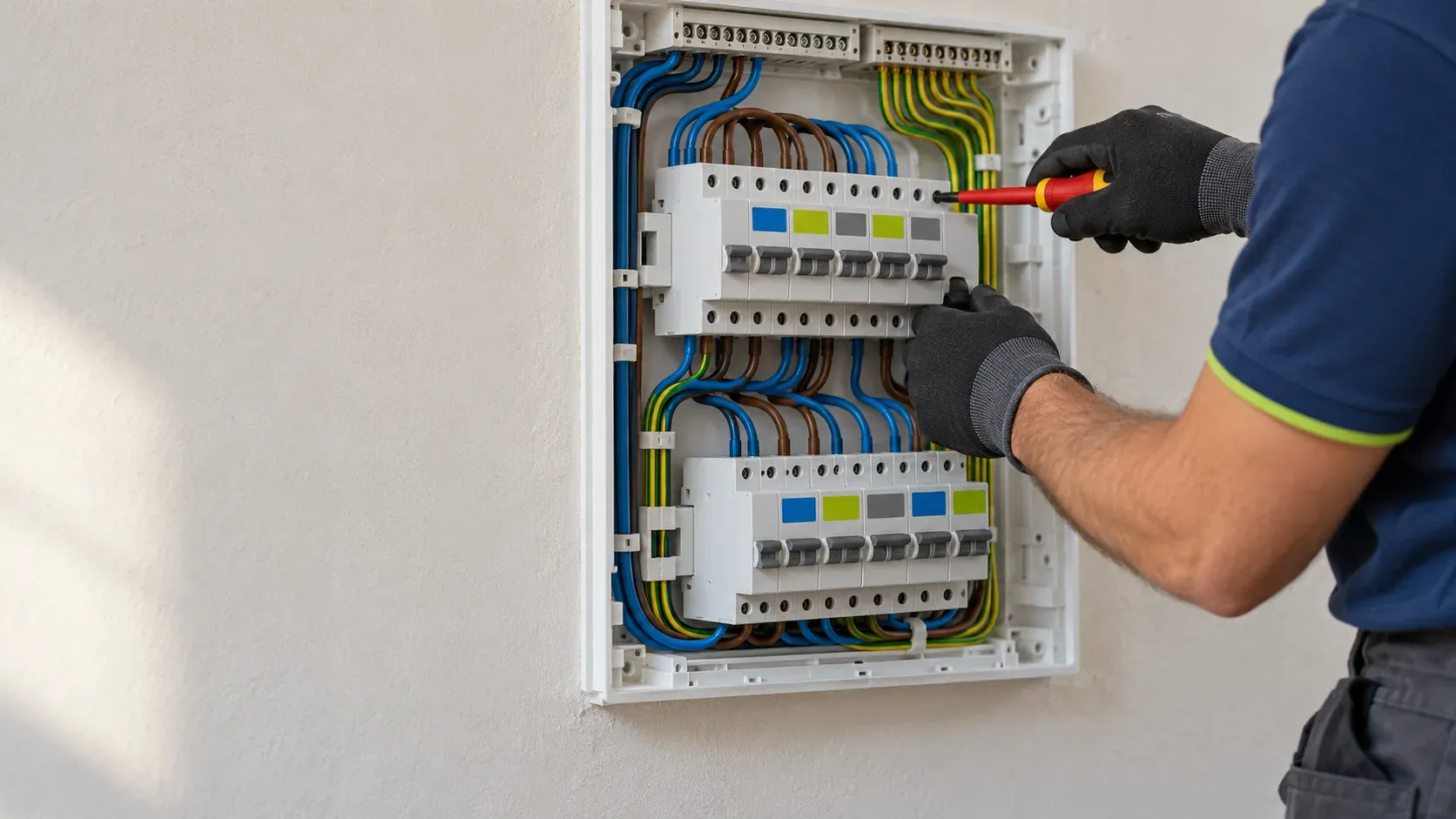 Cuadro eléctrico nuevo de vivienda con interruptor general, diferenciales y magnetotérmicos rotulados