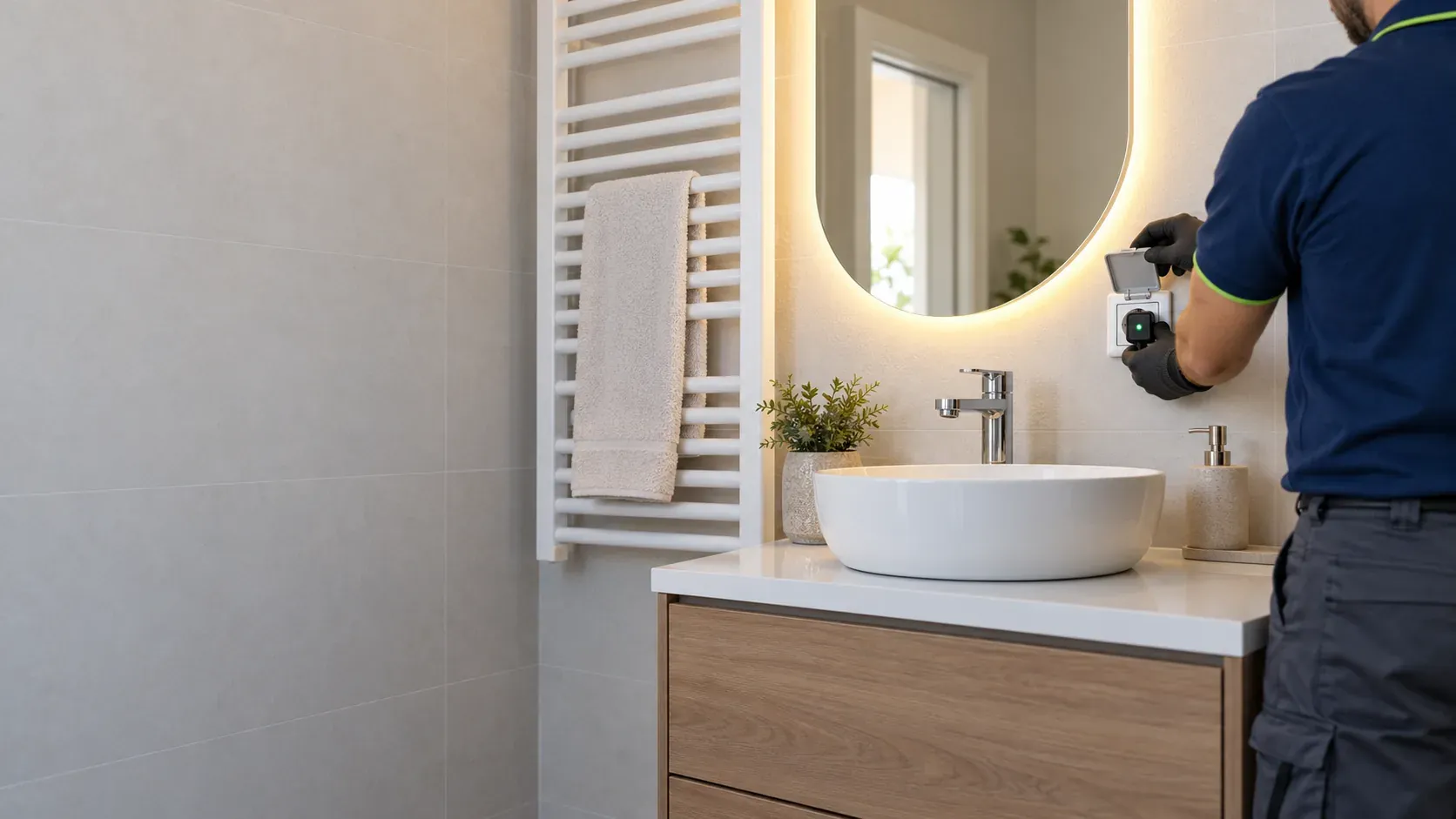 Bathroom with an electric towel rail and backlit mirror while the electrician tests the socket next to the washbasin