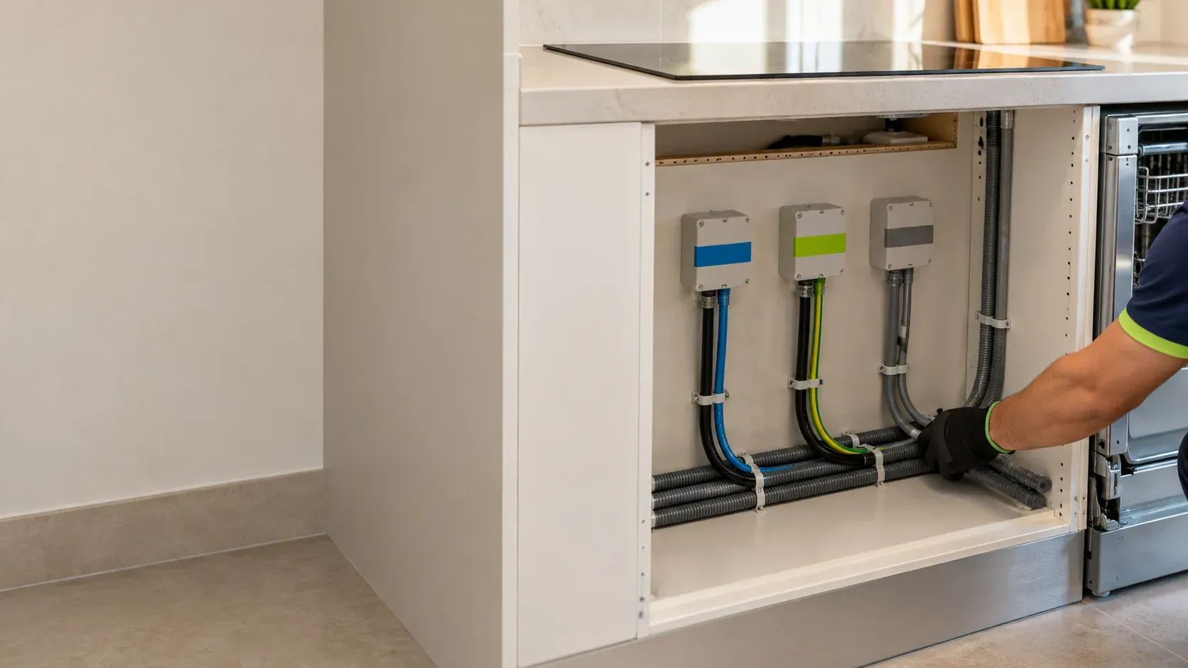 Electrician connecting the line for an induction hob in a kitchen under renovation