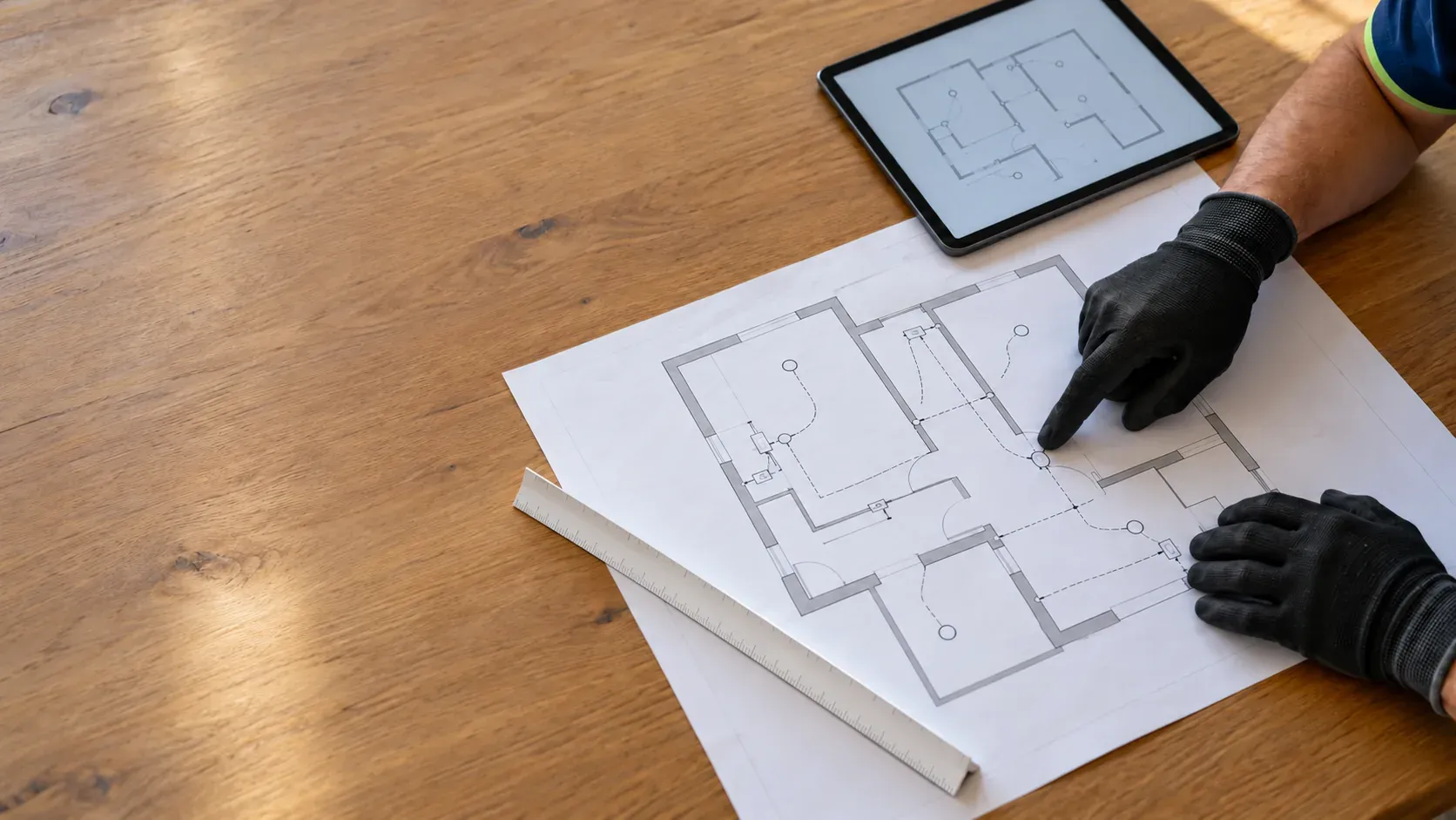 Electrical installation drawings spread on a table with the technician pointing at the circuits