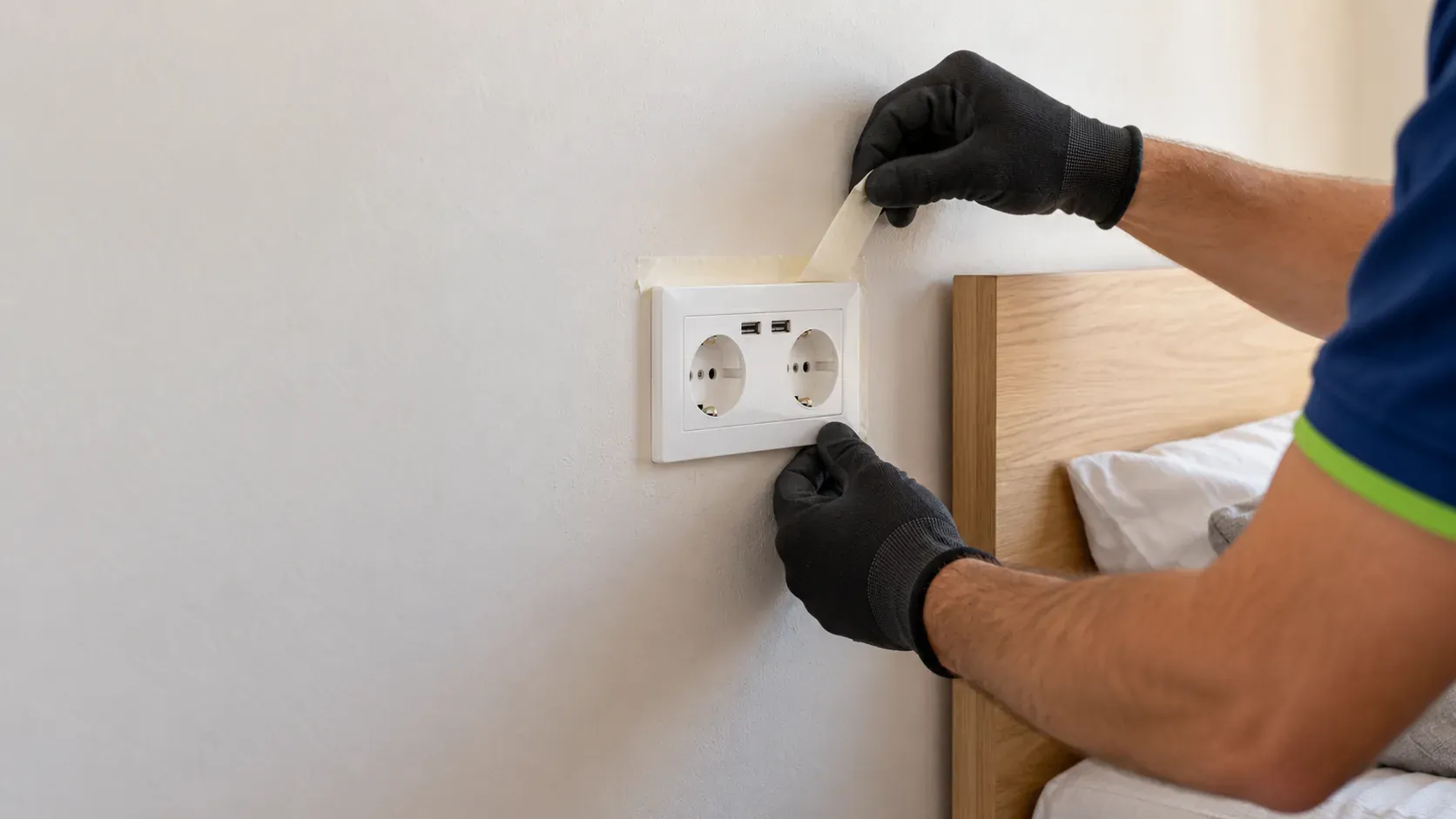 Electricista instalando un enchufe doble con tomas USB junto al cabecero de un dormitorio