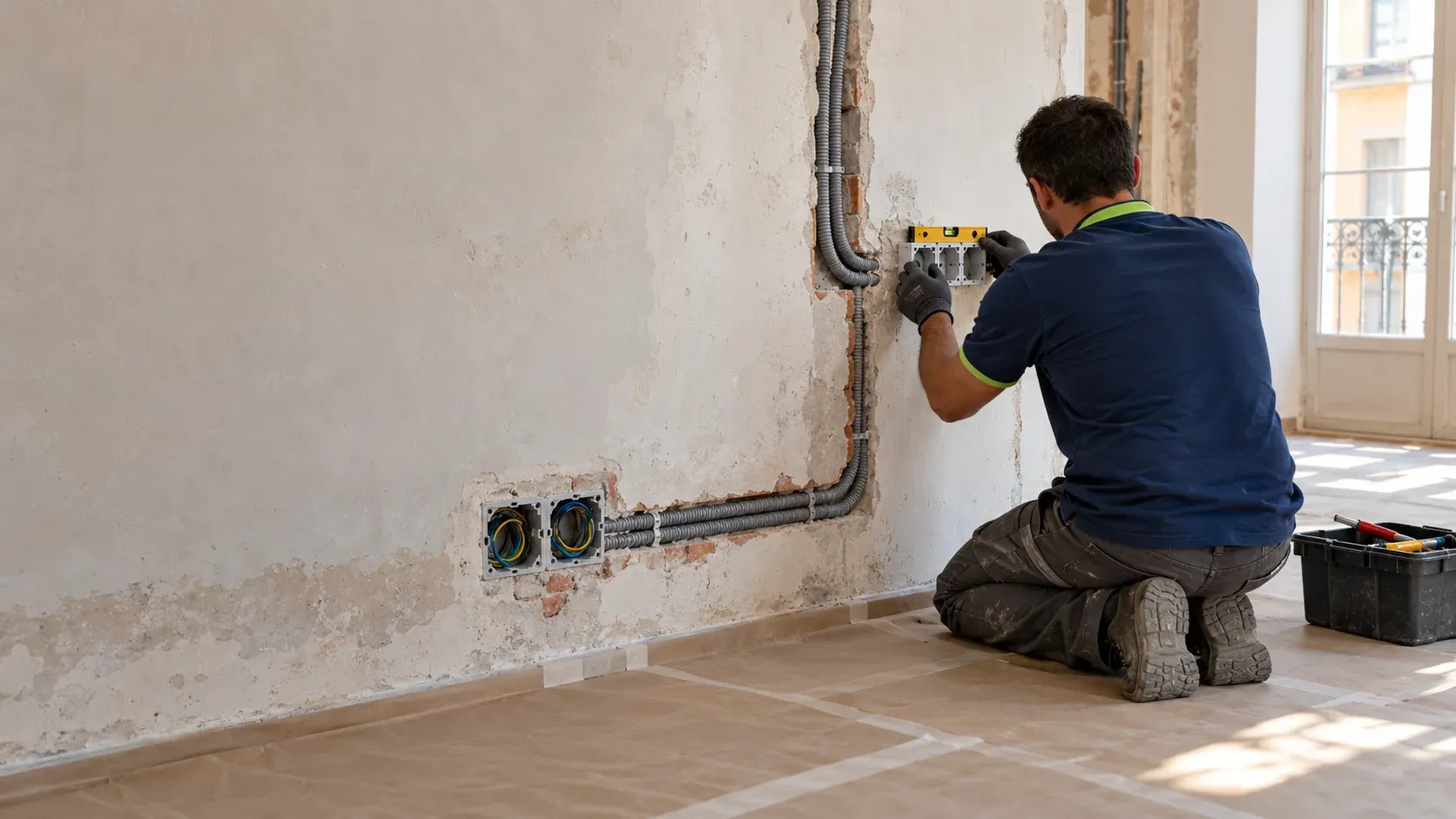 Electricista pasando cables por rozas abiertas en la pared de una cocina en reforma