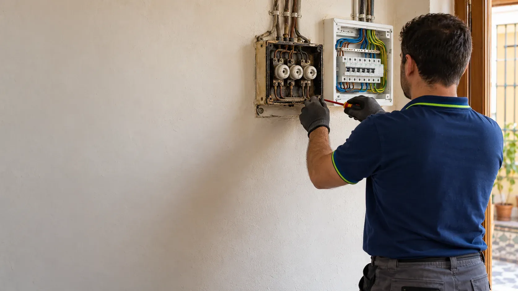 Electricista pasando cable nuevo por los tubos de un piso antiguo de Sevilla en obra de renovación