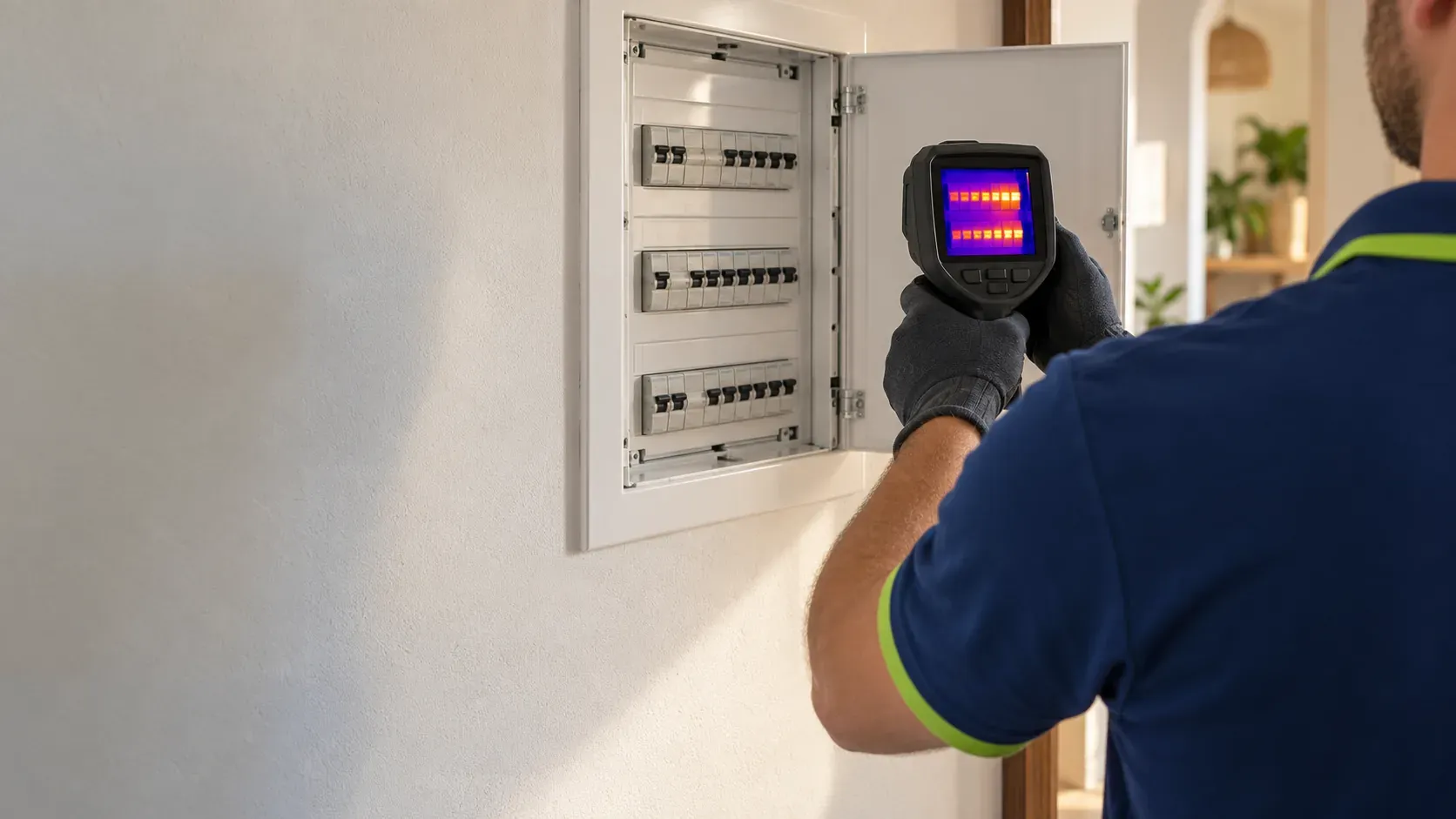 Electrician with an insulation tester checking the fuse board of an old flat