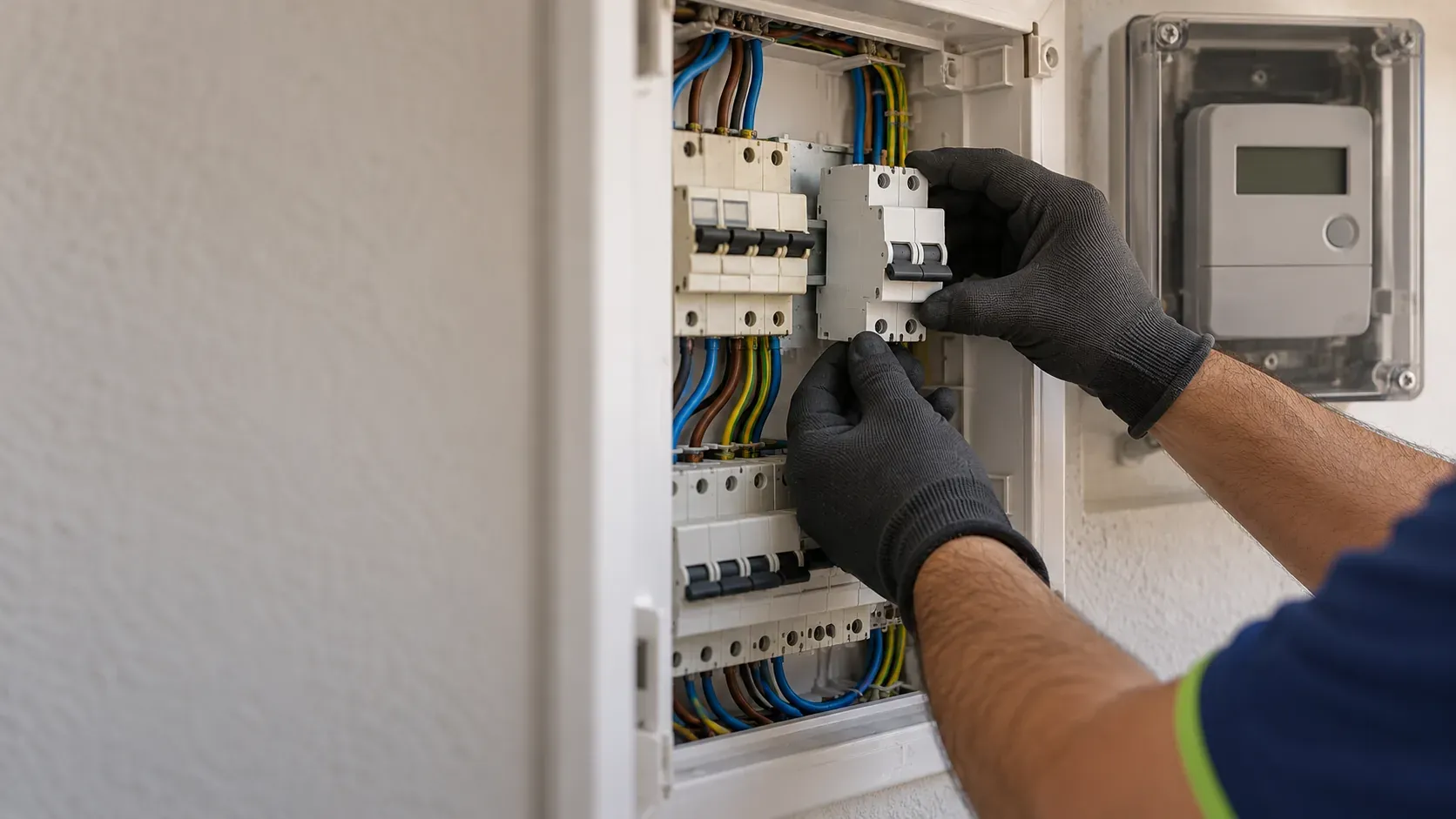 Electrician checking the main switch of a home fuse board before a power increase