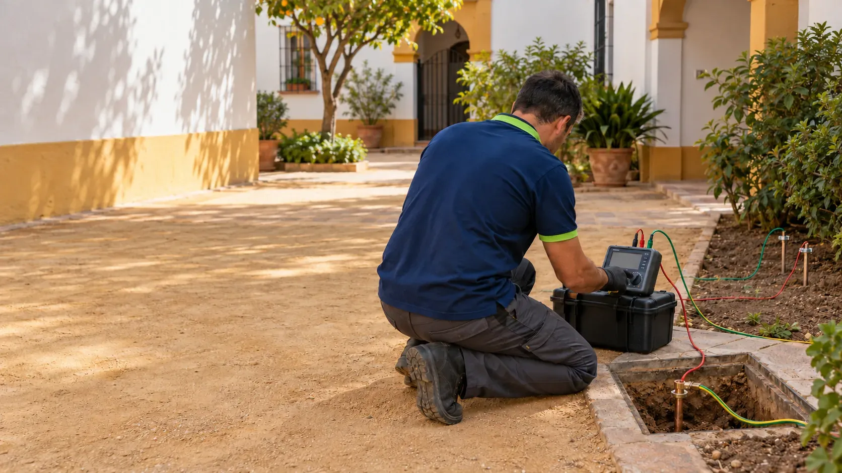 Electrician measuring the resistance of an earth rod with an earth tester