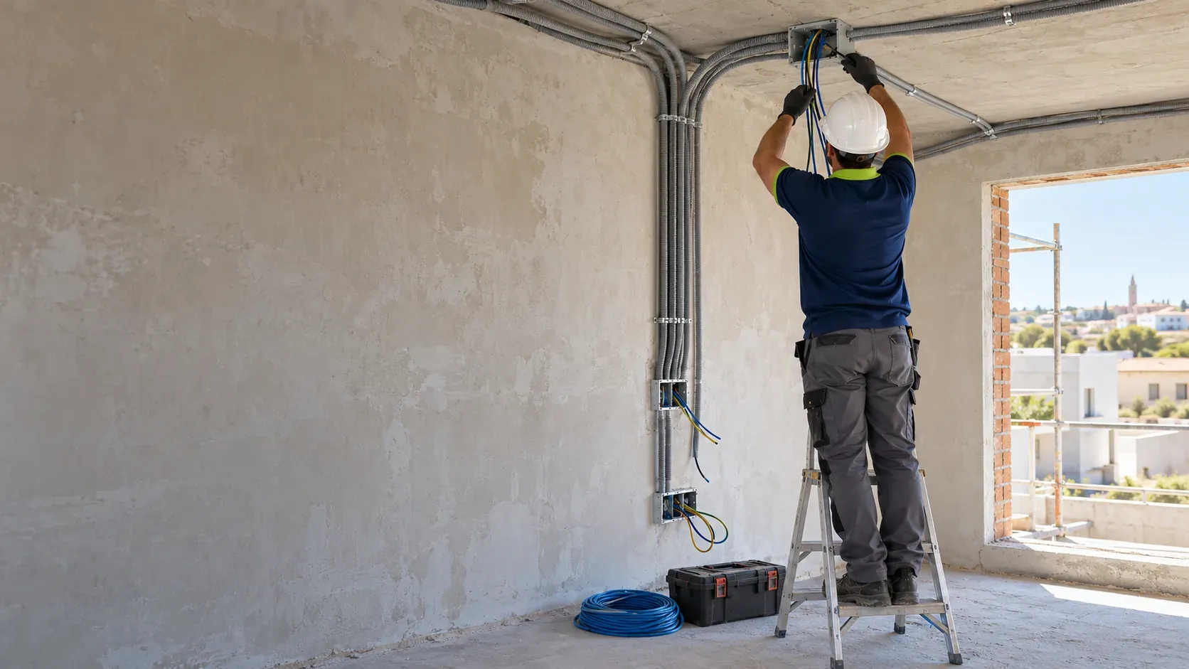 Electricista cableando los circuitos de una vivienda en construcción con tubos corrugados en la pared