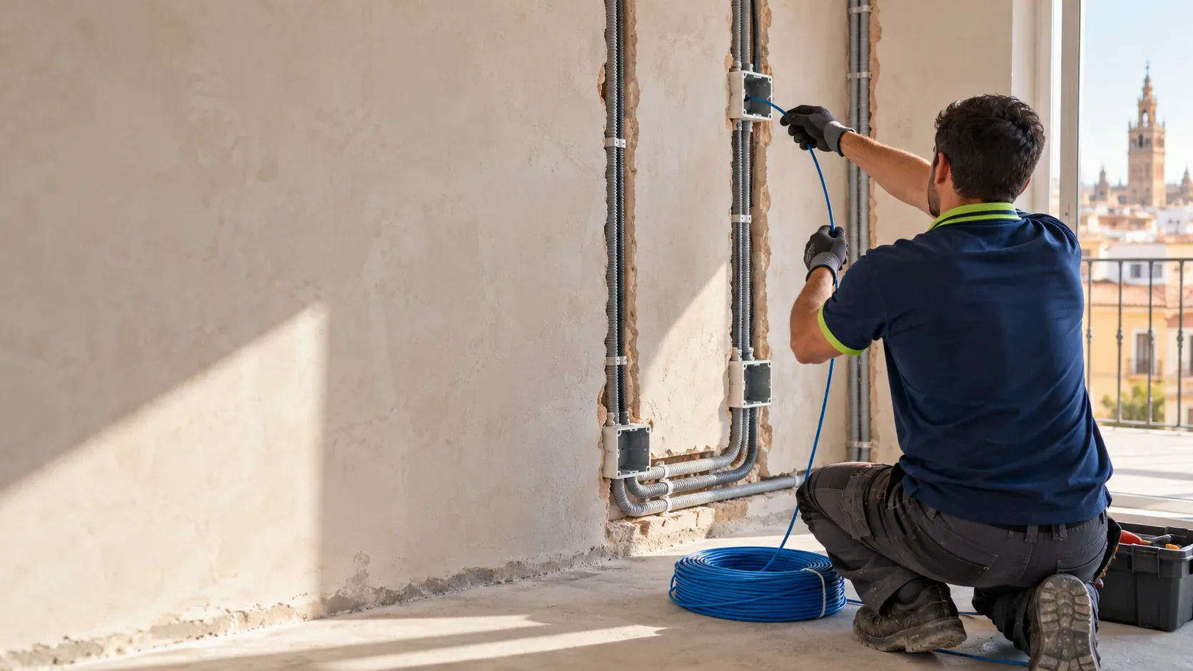 Electricista montando un cuadro eléctrico nuevo con diferenciales y automáticos en una vivienda de Sevilla