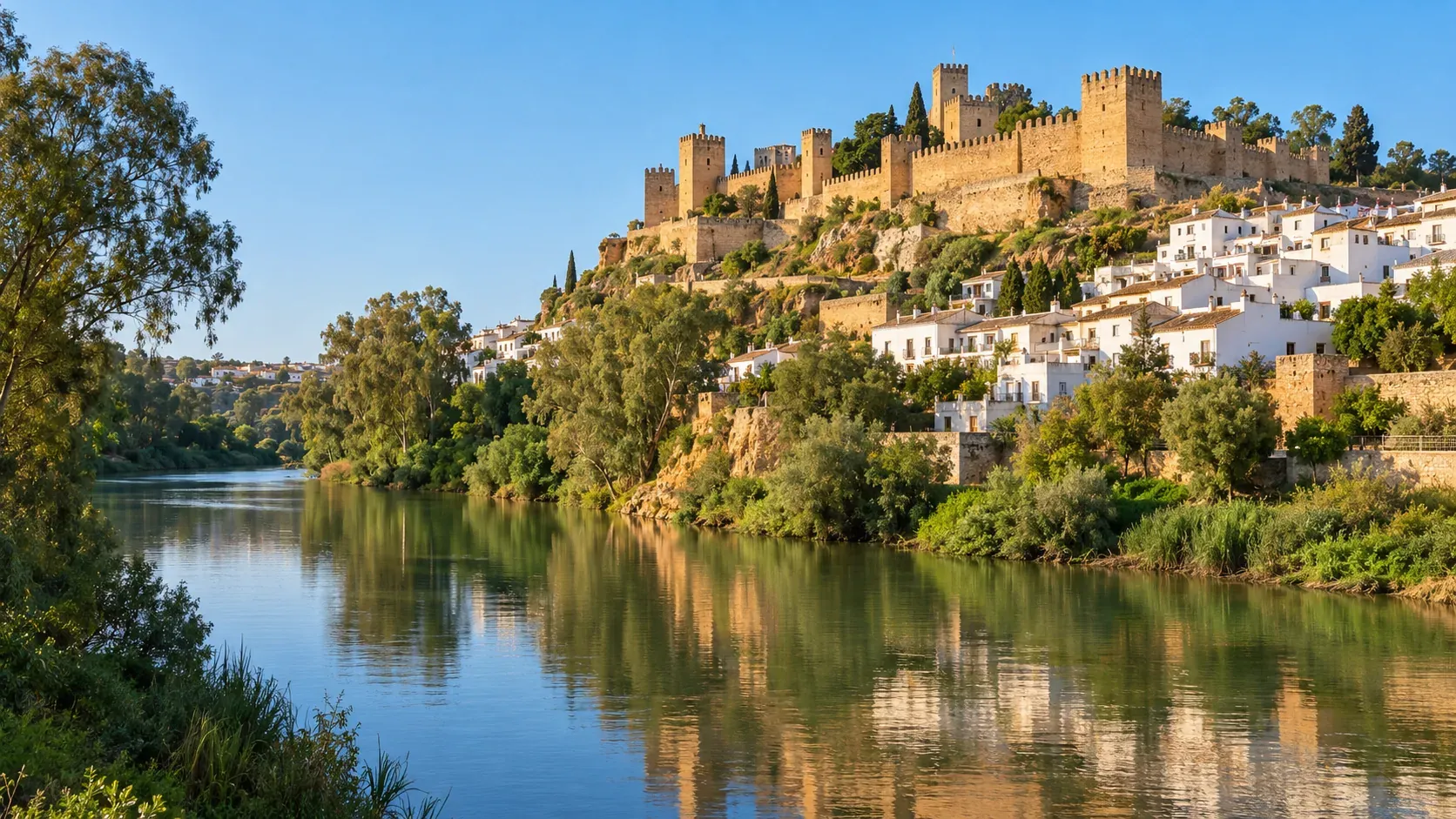 Castillo de Alcalá de Guadaíra sobre el río con casas blancas a sus pies