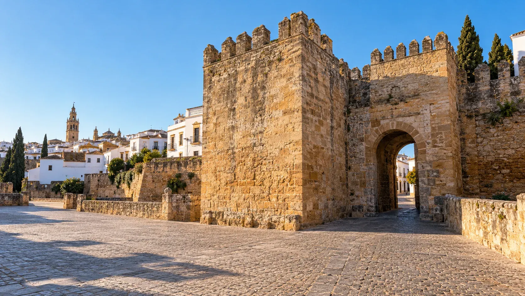 Puerta de Sevilla y casas encaladas del casco histórico de Carmona
