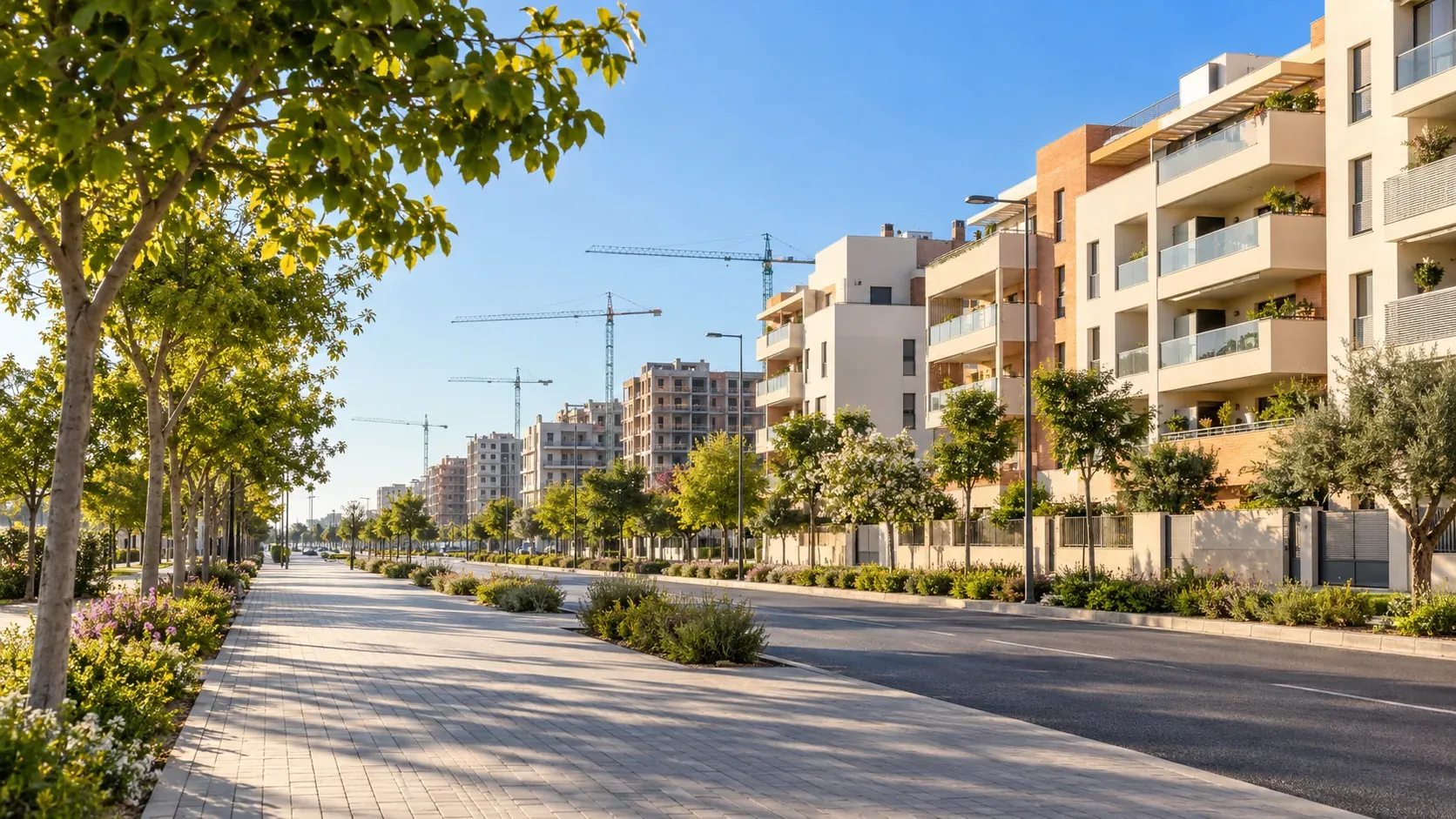 Calle de Dos Hermanas con casas de dos plantas y bloques de pisos al fondo