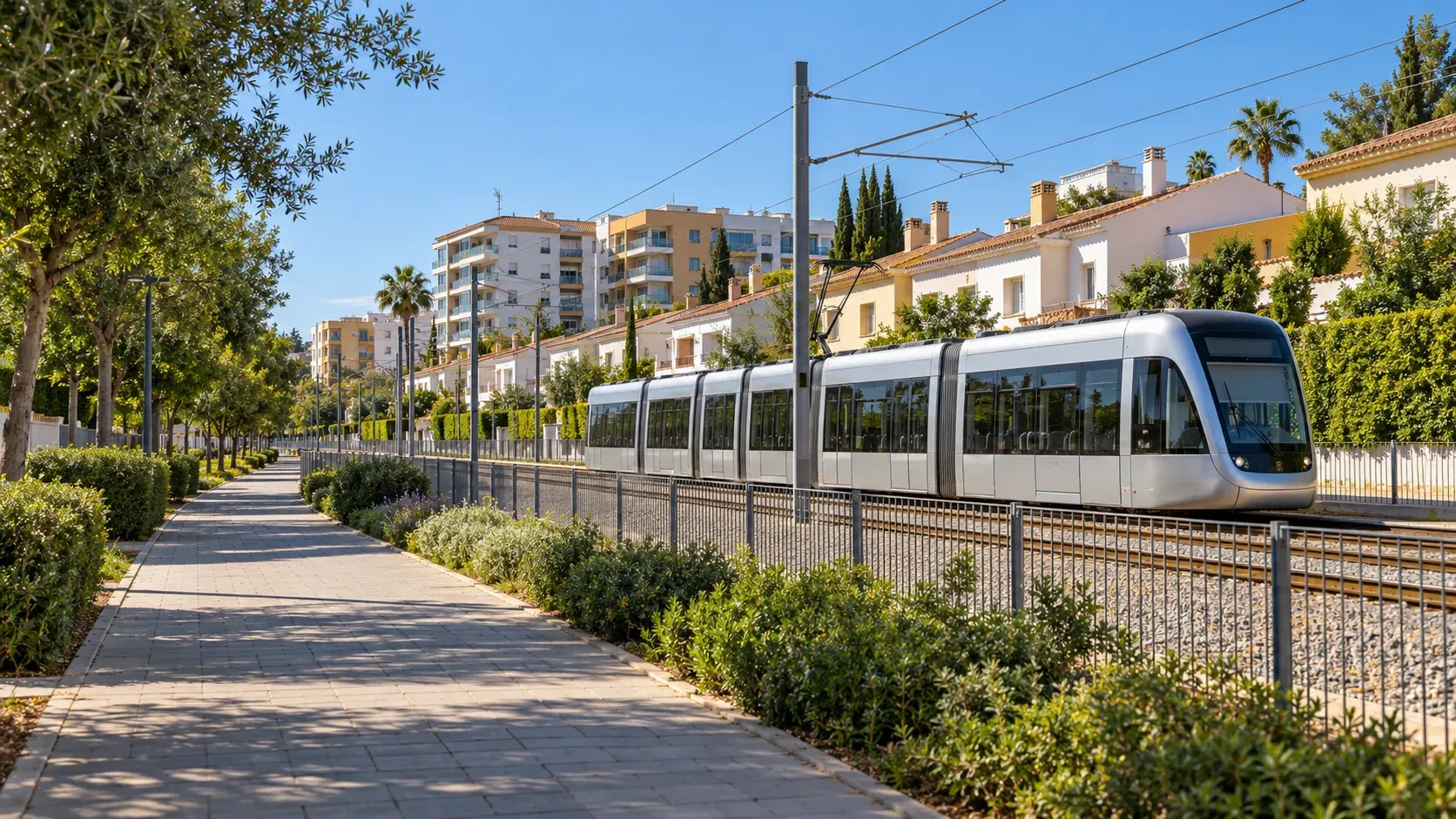 Bloques y jardines de una urbanización de Mairena del Aljarafe con zonas comunes