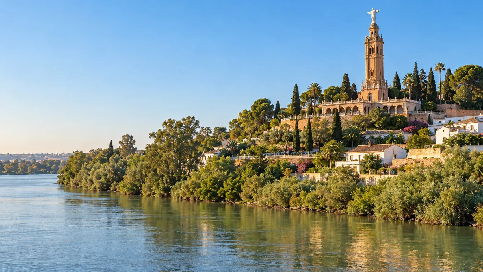 Vista de San Juan de Aznalfarache desde el río con el monumento en lo alto de la cornisa