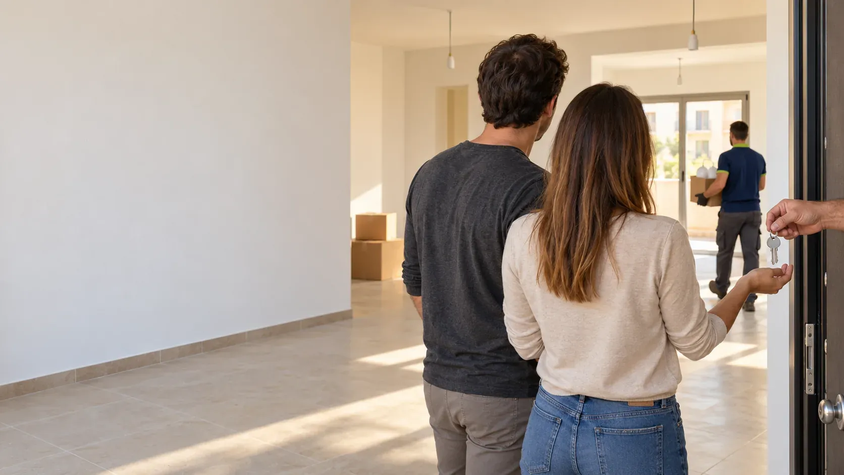 Electricista instalando downlights en el salón vacío de una vivienda de obra nueva recién entregada en Sevilla