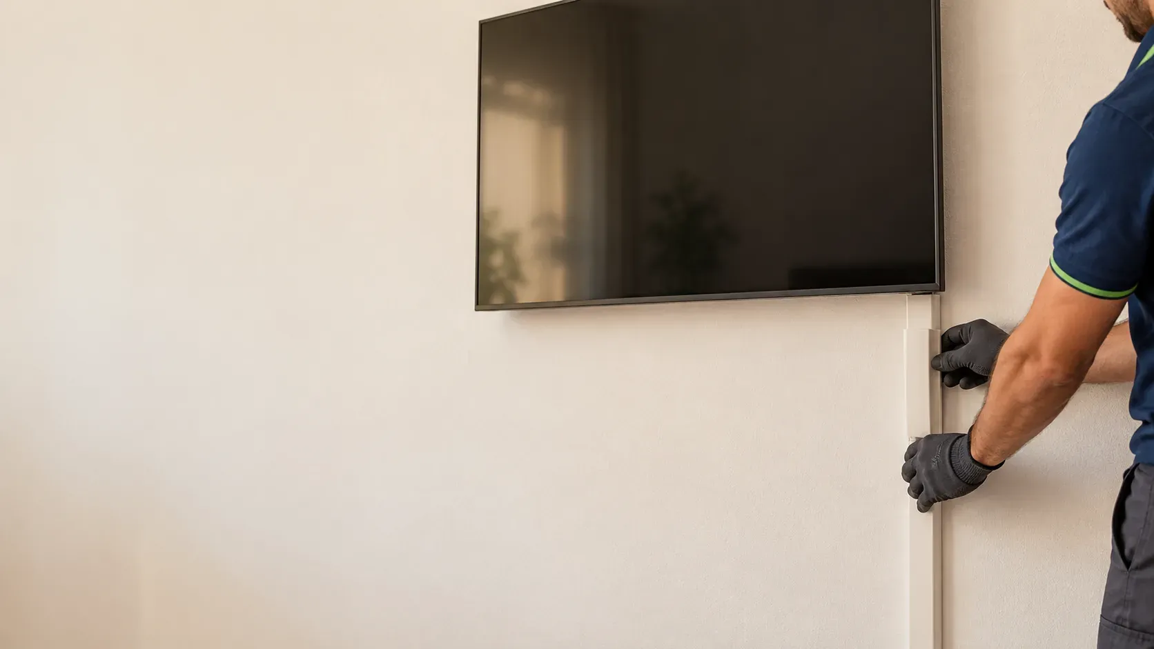 Televisor colgado en la pared con los cables ocultos por una canaleta pintada del color de la pared mientras el técnico la cierra