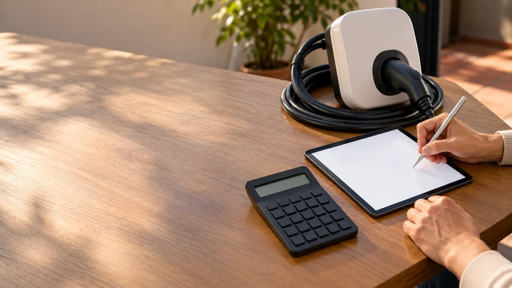Mesa con un cargador de pared y una calculadora mientras las manos del cliente firman en una tablet