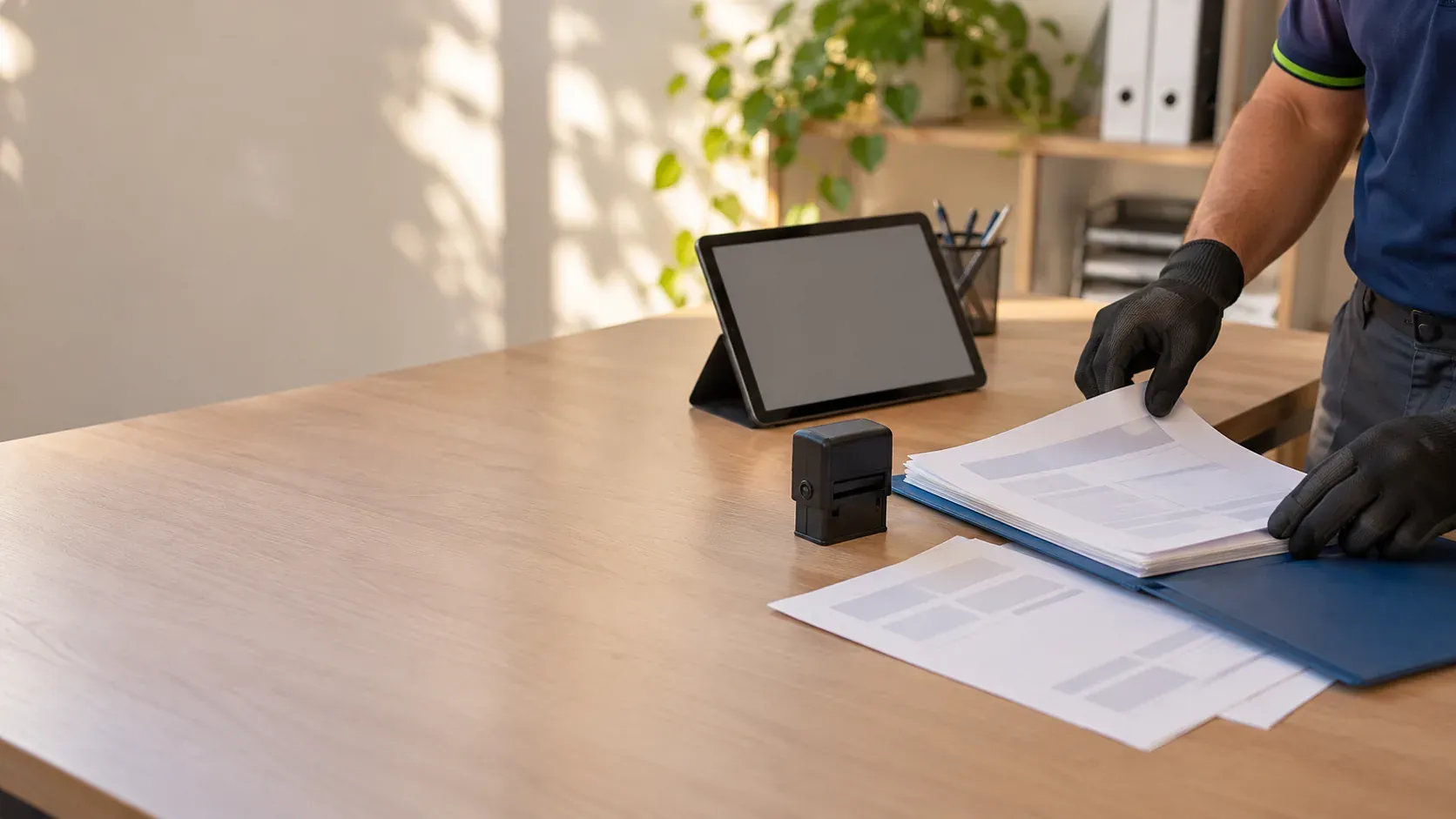 Folder with documents, a stamp and a tablet on an office desk with the technician's hands