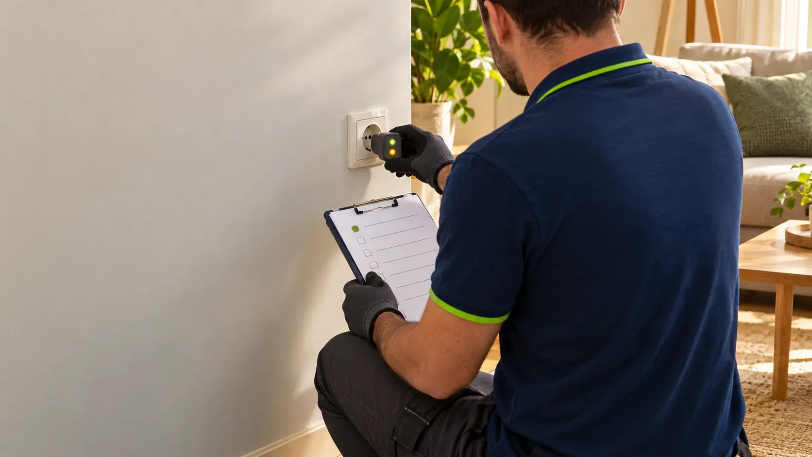 Técnico electricista revisando los enchufes de un salón con un comprobador y marcando una lista de comprobación