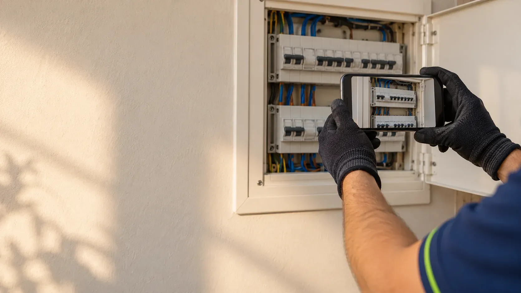 Hand holding a mobile phone photographing a fuse board to ask an electrician for a quote