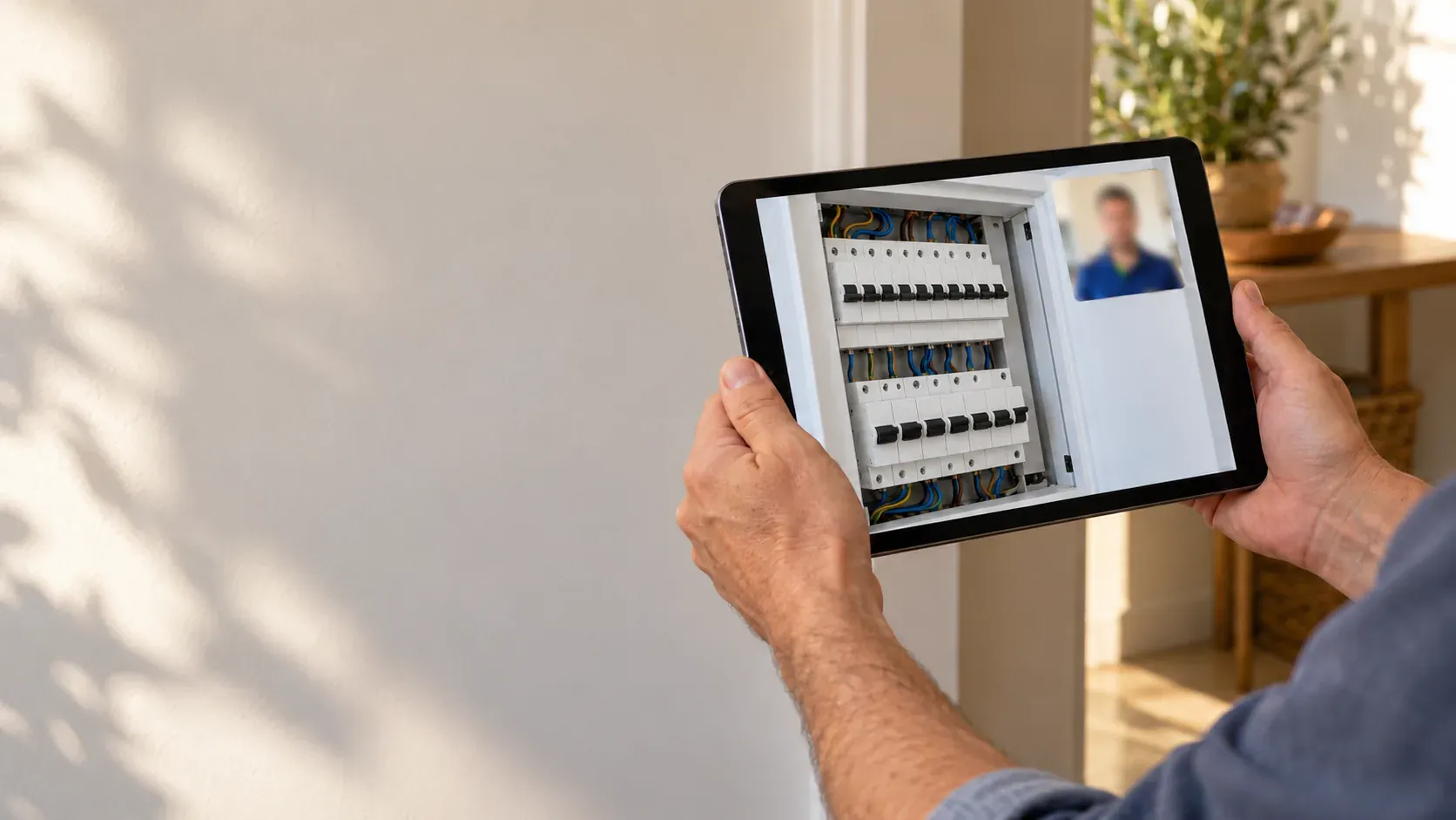 Tablet con una videollamada mostrando un cuadro eléctrico mientras las manos del cliente sujetan el dispositivo