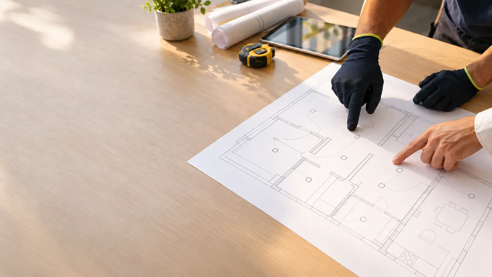 Plano eléctrico desplegado en un estudio de arquitectura con el técnico electricista y el arquitecto señalando