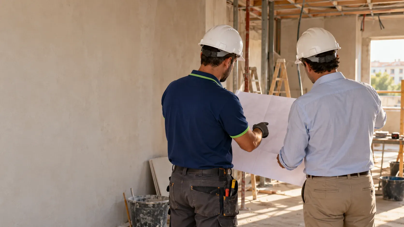 Técnico electricista y jefe de obra revisando un plano en una obra de reforma