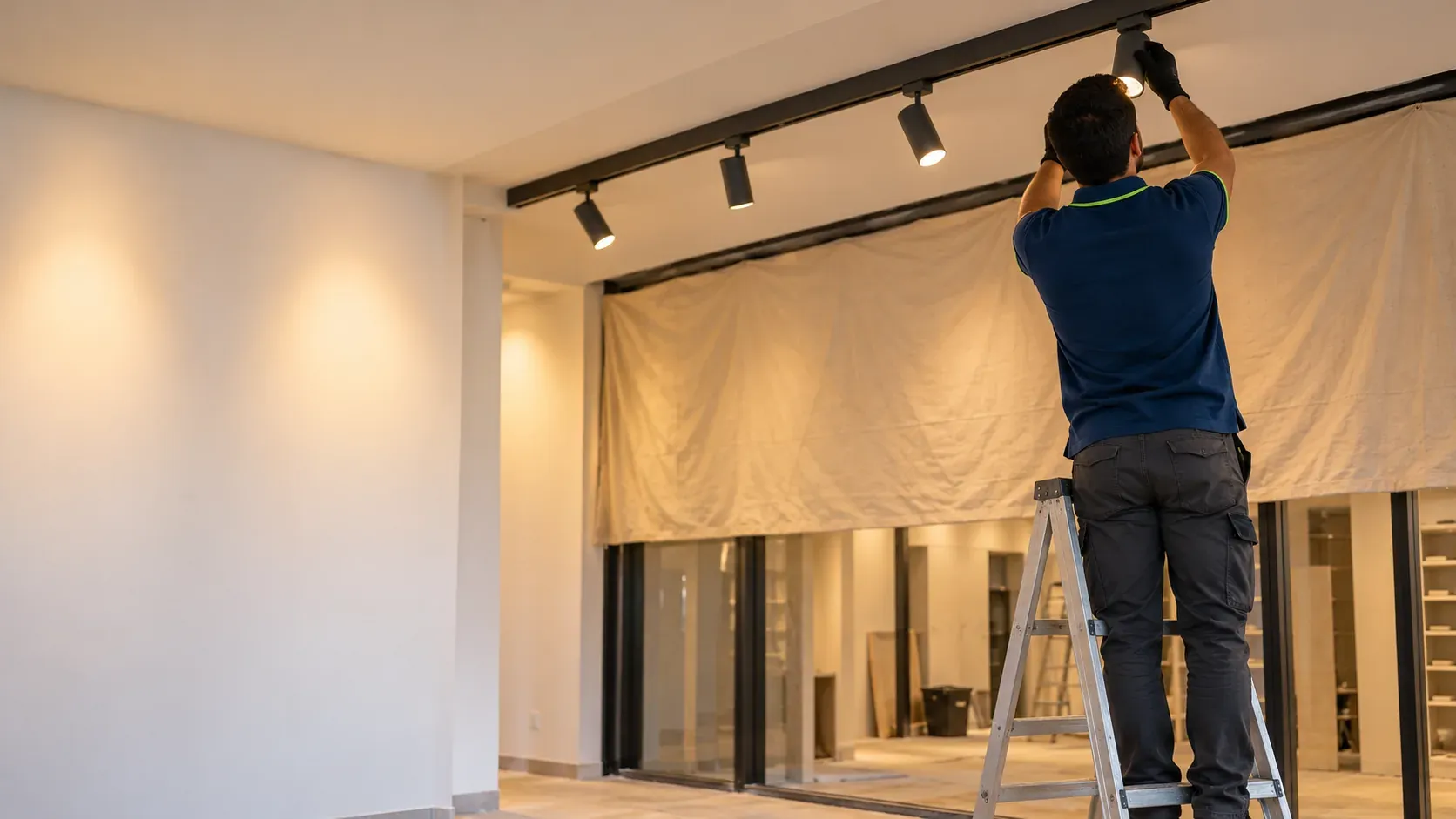 Técnico electricista instalando carriles de iluminación en un local de una cadena comercial en obras con el rótulo tapado