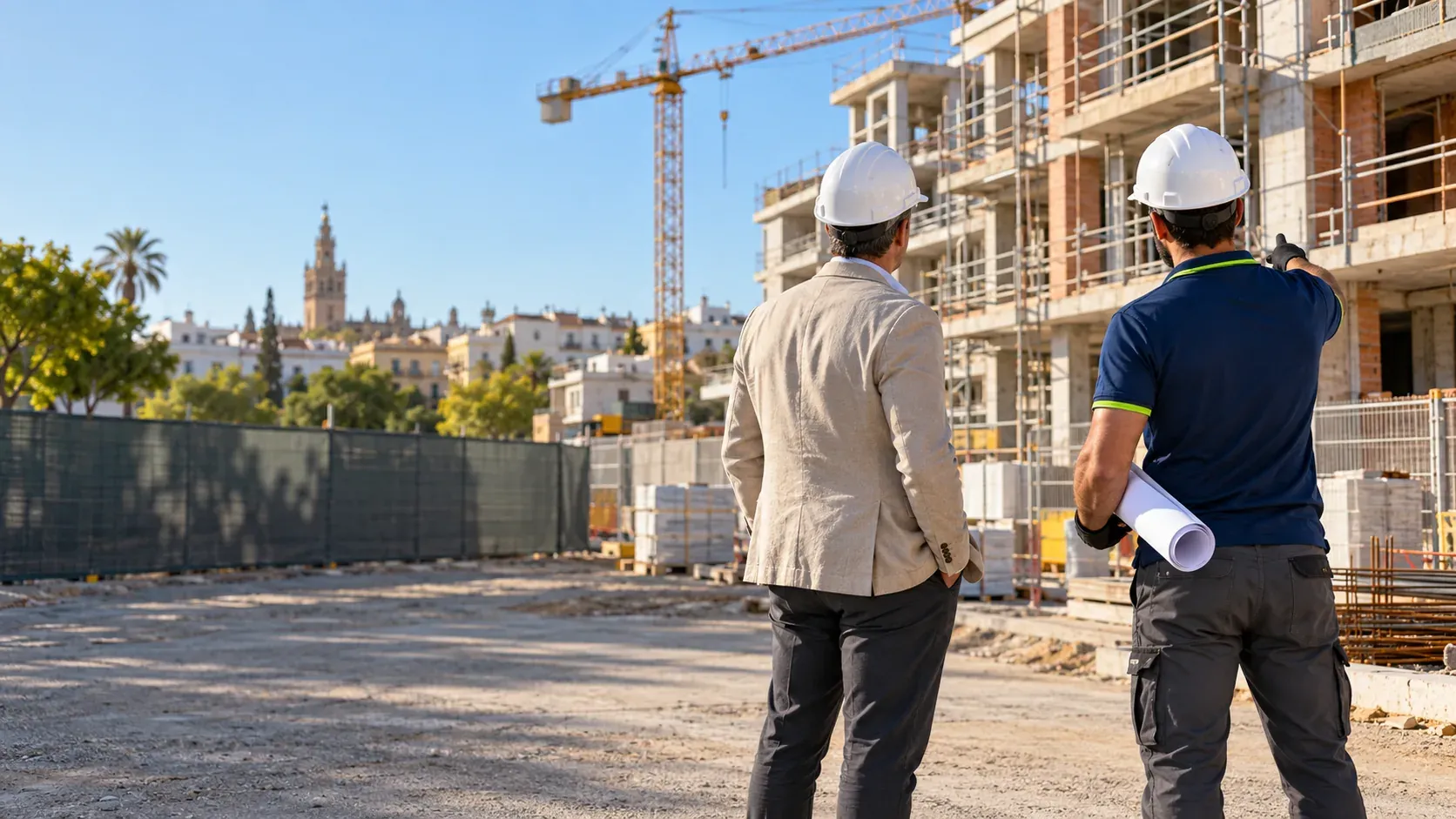 Electricista revisando con un administrador de fincas el cuadro de servicios comunes de un edificio de Sevilla